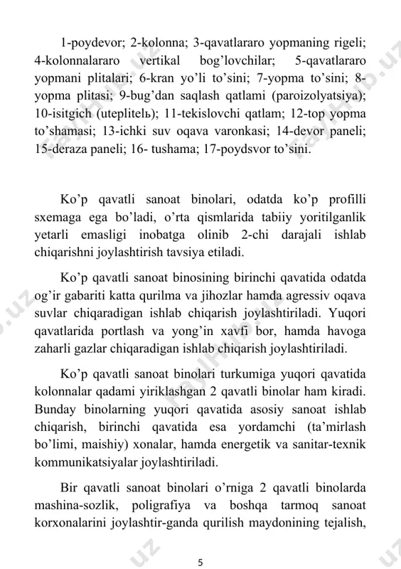tizimi, konstruktsiyasi va qavatliligi bo’yicha 3 ta asosiy guruhga ajratish mumkin. - ommaviy binolar (muntazam) turi, o’zining oddiy hajmiy-reja yechimi va uzunligi bo’yicha o’zgarmas balandlikka ega va ustunlar oraliq yacheykalari (6 x n)x 6; (9 x n)x6; (12 x n)x 6; (6 + 3 + 6) x 6 va (9 + 3+ 9)x 6 m bo’lgan binolar — yuqori qavati ko’prikli kran bilan jihozlangan katta oraliqli xonaga ega ximiya sanoatini joylashtirishga qulay bo’lgan muntazam binolar. bunday binolarda yuqori qavatdagi kolonnalar oralig’i yiriklashtirilsa, 12 x 6; 18 x 6 m va kran yuk ko’tarish qobiliyati 5 va 10 tonna, qavatlar balandligi shunga mos ravishda 7,2 va 10,8 m loyihalanadi — har xil qavatlar aralashgan holda biriktirilgan, murakkab hajmiy-reja yechimi bir qavatli va ko’p qavatli ob’ektlardan tashkil topgan va ko’mirchilik, koks-ximiya va rangli metallurgiya korxonalari uchun keng tarqalgan binolar bir qavatli bino bilan yonma-yon ko’p qavatli binolar sxemalari. sanoat binolari hajmiy reja …