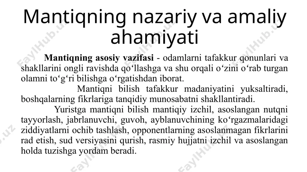 iri chin, ikkinchisi xato, uchinchi mulohazaga oʻrin yoʻq. uchinchisi istisno qonuni quydagi holatlarda qoʻllaniladi: 2. son va sifatiga koʻra oʻzaro zid mulohazalar bayon qilinganda, buyum va hodisalarning sinfi haqida tasdiqlab bayon qilingan mulohaza bilan shu sinf buyum va hodisalarining bir qismi haqida inkor etib bayon qilingan mulohazalardan biri chin, ikkinchisi xato, uchinchisiga oʻrin boʻlmaydi. masalan: hamma faylasuflar tabiyotshunosdir. baʼzi faylasuflar tabiyotshunos emas. alohida olingan yakka buyumga nisbatan son va sifatiga koʻra uchinchisi istisno qonuni bilish subyekti oldiga quyidagi talablarni qo‘yadi: 1-talab. a va a emas muqobil bo‘lishi va ulardan birini chinlik belgisi bo‘yicha tanlash kerak. 2-talab. o‘zaro bir-birini inkor etuvchi mulohazalardan boshqa muqobil (masalan, qarama-qarshilik munosabatidagi mulohazalar) bo‘lishi kerak emas. 3-talab. muqobillik chinning xatoga qarama-qarshi qo‘yilishida namoyon bo‘ladi va u mazkur sifatida bilishning universal mantiqiy usuli hisoblanadi. uchinchisi istisno qonuni tushunchalar oʻrtasidagi zid munosabatlarni ifodalaydi. agarda zid munosabatlar tushunchaning to’liq mazmunini qarab olmasa, ikki zid belgidan boshqa belgilarning ham mavjudligi …