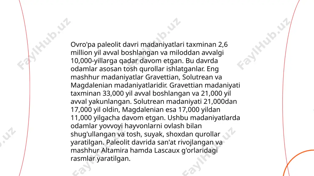dai_bot toshdan yasalgan mehnat qurollari ilk insoniyat tarixida katta ahamiyatga ega bo'lgan. taxminan 2,6 million yil avval, ilk hominidlar toshdan qurollar yasashni o'rgandilar. ular asosan paleolit davriga tegishli bo'lib, tarixdan oldingi davrlarda ishlatilgan. tosh qurollar esa kesish, urish va yorish kabi funksiyalarni bajarish uchun ishlatilgan. olduvay madaniyati deb nomlanuvchi bu asrda asosan tosh bolg'alar, qirquvchi va yoqimli asboblar ishlab chiqilgan. bunday qurollar nafaqat ov qilishda, balki terini qayta ishlash va yogʻoch bilan ishlashda ham foydali bo'lgan. janubi-sharqiy afrika, masalan tanzaniya, olduvay darasida birinchi boʻlib topilgan. tarixiy antropalogiyada ibtidoiy madaniyat tayorladi: dilrabo dadamirzayeva e'tiboringiz uchun raxmat! image1.png image2.png image3.png image4.jfif image5.png image6.png image7.jfif image8.png /docprops/thumbnail.jpeg