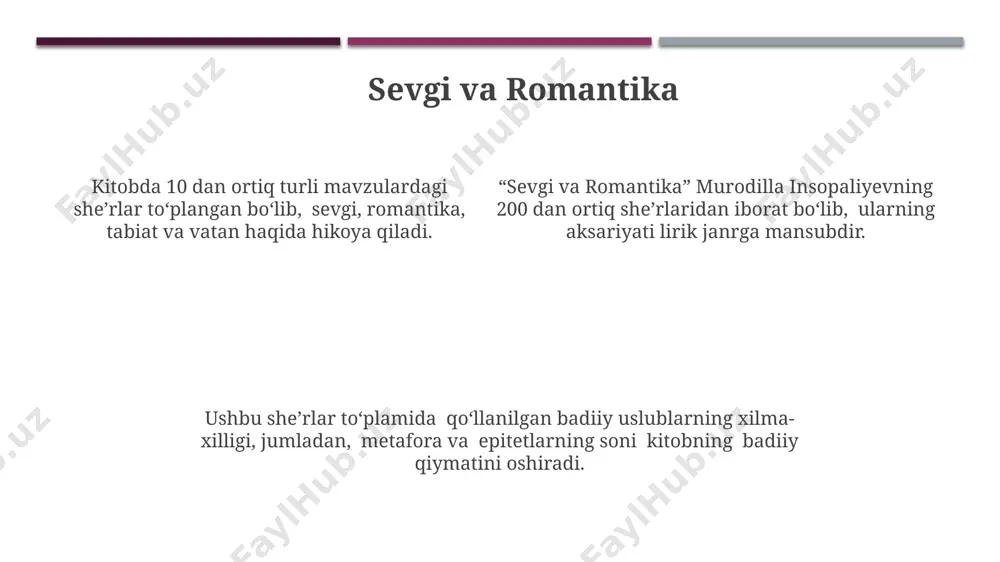 insopaliyevaning she'rlarida vatan mavzusi 20 dan ortiq asarda uchrab, milliy qadriyatlar, tarix va tabiat tasvirlari orqali ifodalangan. she'riyatida sevgi lirikasi 10 dan ziyod she'rda aks etib, turli his-tuyg'ularning nozik va chuqur ifodasi bilan ajralib turadi. e'tiboringiz uchun rahmat @taqdimot_robot