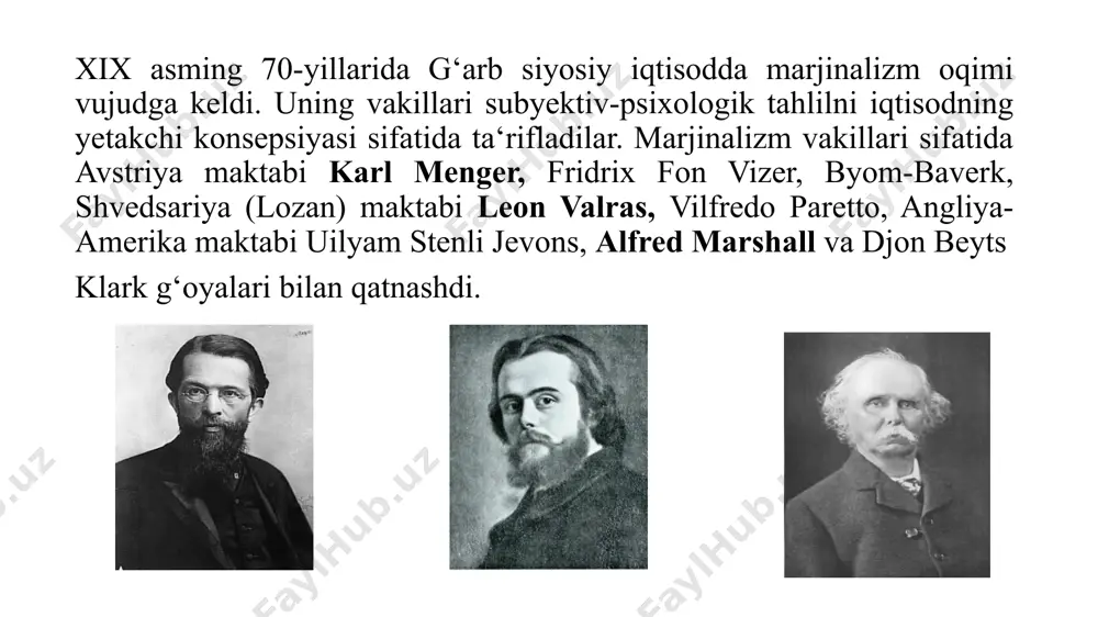 tahlil qilish xosdir. iqtisodiy hodisa va jarayonlar kishilarning psixologiyasi, subyektiv talqinga asoslanib tushuntirilib beriladi. masalan, klassiklar bo‘yicha, tovar qiymati kishilaming ongi va xohishiga bog‘liq bo‘lmagan obyektiv miqdor hisoblansa, marjinalistlar bo‘yicha, qiymat subyektiv talqin, istak, hissiyot bilan aniqlanadi. marjinalizmning asosiy kategoriyalari: me’yorli foydalilik, me’yorli unumdorlik, me’yorli xarajatlar va boshqalar. bu nazariya ishlab chiqarish xarajatlarini, talab, taklif, narx va boshqalarni subyektiv baho berish asosida tushuntiradi. bozor xo’jaligida ishlab chiqaruvchi tovar ishlab chiqarishda turli resurslardan har birining me‘yorli foydaliligiga baho bergan holda eng keraklisini tanlaydi. iste‘molchi o’zining cheklangan daromadlari orqali cheksiz ehtiyojlarini ko’proq qondiradigan qilib tovarlarni sotib olishga taqsimlaydi. demak, marjinalizm nazariyasi markazida o’z foydasini maksimallashtirishga intiluvchi firma (ishlab chiqaruvchi) va xarid qilingan ne‘matlardan maksimal naf olishga intiluvchi alohida iste‘molchi turadi. me’yorli foydalilik nazariyasi va buyumning subyektiv qimmati. asosiy e‘tibor ishlab chiqarish va taklifni o’rganishga qaratilgan klassik iqtisodiy nazariyadan farqli o’laroq, marjinalistlar eng avvalo, iste‘mol va talabni tahlil qildilar. shu bois, ular iqtisodiy …