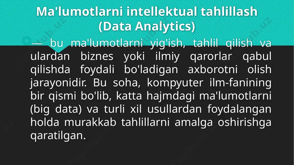 alanuvchi (yoki tashkilot) ma'lumotlardan foydalanib, qarorlar qabul qiladi. - bu bosqichda tahlil qilinayotgan ma'lumotlarning natijalari iqtisodiy, ijtimoiy yoki ilmiy qarorlar qabul qilishda qo'llaniladi. **ma'lumotlarni tahlil qilishning amaliy sohalari:** - **biznes:** marketing, sotuvlar prognozi, mijozlar tahlili, narx siyosati, risklarni boshqarish. - **tibbiyot:** genomik tadqiqotlar, bemorlar haqida tahlil, dori vositalarining samaradorligini baholash. - **moliyaviy sektor:** xavf tahlili, bozor prognozlari, investitsiya strategiyalari. - **ijtimoiy tarmoqlar:** foydalanuvchi xulq-atvori, kontentni tahlil qilish, so'rovlar. intellektual tahlil qilishda sun'iy intellekt va mashinada o'rganish texnologiyalarining jadal rivojlanishi ma'lumotlar hajmini, tahlil jarayonining samaradorligini va natijalarning aniqligini sezilarli darajada oshirgan. shuningdek, bu sohada yangi metodlar va vositalar tez-tez ishlab chiqilmoqda. **"data detective" (ma'lumotlar detektivi)** - **o'yin turi:** trivia va qidiruv o'yini. - **maqsad:** talabalar ma'lumotlar orasida tahlil qilish va "sirlarni" topish orqali bilimlarni oshiradilar. - **jarayon:** - talabalarga turli xil statistik yoki tahliliy ma'lumotlar beriladi (masalan, savdo natijalari, marketing ma'lumotlari, so'rovlar natijalari va boshqalar). - ularning vazifasi, ma'lumotlar ichida yashirin …