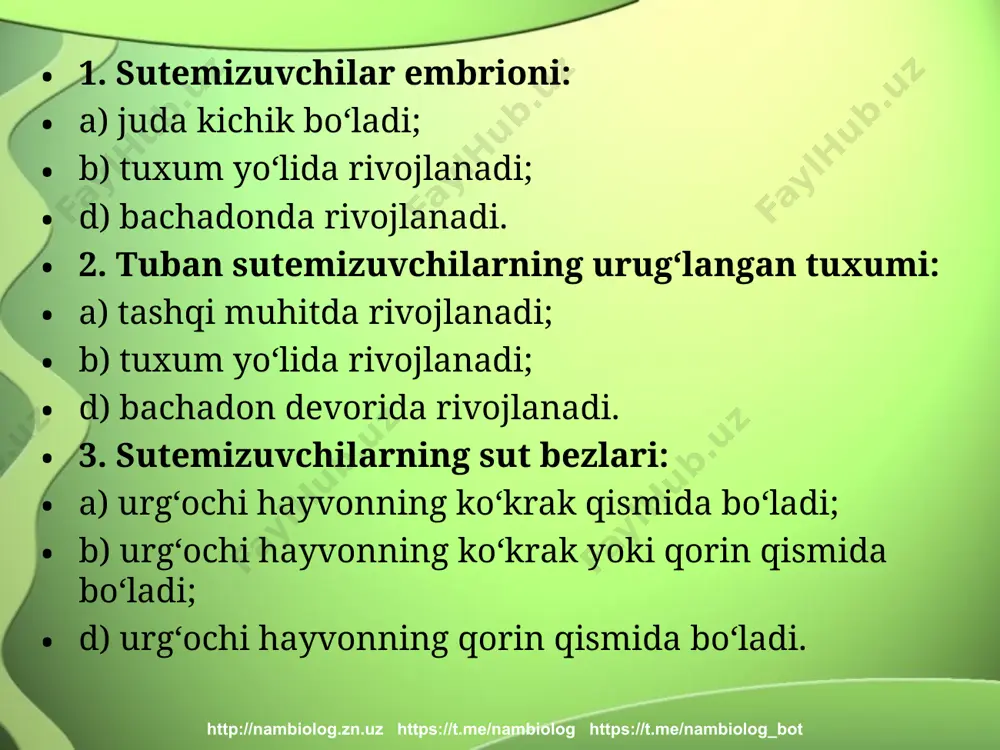 adi. http://nambiolog.zn.uz https://t.me/nambiolog https://t.me/nambiolog_bot bo’risimonlar turkumi oyoqlari uzun. o’ljasini uzoq vaqt ta’qib qiladi. 3-4 tadan 13 tagacha ko’zi yumuq bola tug’adi. tulkilar kemiruvchilar bilan oziqlanib foyda keltiradi. qutb tulkisi-pesets bo`ri tulki it http://nambiolog.zn.uz https://t.me/nambiolog https://t.me/nambiolog_bot mushuksimonlar turkumi tanasi baquvvat va egiluvchan. boshi yumaloq. eshitish qobiliyati kuchli. tirnoqlari maxsus xaltachada turadi. o’ljasini poylab tutadi. yo`lbars sher silovsin qor qoploni - ilvirs http://nambiolog.zn.uz https://t.me/nambiolog https://t.me/nambiolog_bot ayiqsimonlar turkumi baquvvat va yirik. o’simlik ildizi va nihollar bilan oziqlanadi, ba’zan hasharotlar va sug’urlarni ovlaydi. qishda uyquga ketadi. http://nambiolog.zn.uz https://t.me/nambiolog https://t.me/nambiolog_bot suvsarsimonlar oilasi bular yirtqich hayvonlar. tanasi ingichka va uzun. oyoqlari kalta. turli hasharot va kemiruvchilar bilan oziqlanadi. qimmatbaho mo’ynali hayvon. kunitsa norka sobol laska http://nambiolog.zn.uz https://t.me/nambiolog https://t.me/nambiolog_bot kurakoyoqlilar turkumi ko’p vaqtini suvda o’tkazadi. dam olish va ko’payish uchun quruqlikka chiqadi. yirik hayvon. jun qoplami dag’al, kalta va siyrak. quruqlikda kurak oyoqlariga tayanib xarakatlanadi. keyingi oyoqlari faqat suzishga yordam beradi. teri ostida qalin yog’ qatlami uni …