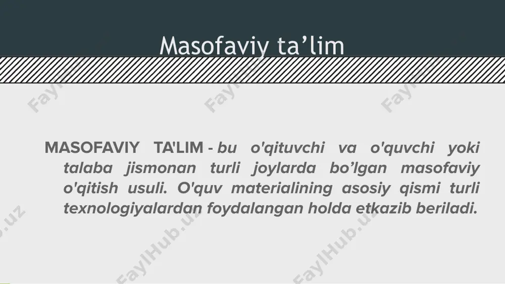 elеktron tadbirkorlik, elеktron magazinlar va boshqalar. quyida bu tеxnologiyalarning qisqacha, lеkin asosiy tavsiflarini kеltiramiz. masofaviy ta’lim metodlari 1.birlamchi model 2.ikkilamchi model 3.aralashgan model 4.konsortsium 5.franchayzing 6.validatsiya 7.uzoqlashgan auditoriyalar 8.proyektla masofaviy ta’lim tiziminin yutuq va afzalliklari dars jadvalining qulayligi.o’quvchi istagan payti dars jarayoniga qatnasha oladi qulay foydalanish manzillari. o`quvchi internet kafe, uy, mexmonxona, ish joyida va boshqa joylardan o`quv jarayoniga qatnashishi mumkin. ish jarayoniga xalaqit bermasligi. o`quvchi ishdan ajralmas holatda ta'lim oladi. cheksiz masofaga ta'lim berish. o`qituvchi va o`quvchilar o`rtasidagi masofa hech qanday ahamiyatga ega emas. 1 2 3 4 etibor uchun rahmat! image1.png image2.jpeg image3.png image4.png image5.png image6.jpeg image7.jpg image8.jpeg