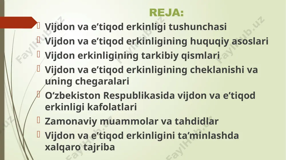 ‘lib, ma’naviyat, mas’uliyat, halollik, adolatga sodiqlik singari tushunchalar bilan chambarchas bog‘langan. vijdon kishining o‘z-o‘zini nazorat qilish, afsuslanish, o‘z xatolarini tan olish, kechirim so‘rash yoki kechira bilish kabi nozik axloqiy jihatlarni boshqarib turuvchi vositadir. jamiyatda vijdonli shaxslarning ko‘pligi ijtimoiy barqarorlik va sog‘lom muhitning kafolatidir. chunki vijdonli odam o‘z manfaatidan ko‘ra umumiy manfaatni ustun qo‘yadi, adolat tamoyillariga rioya qiladi va boshqalarga nisbatan hurmatni yo‘qotmaydi. shu sababli, vijdon erkinligi har qanday erkin jamiyatning muhim tayanchi hisoblanadi. “e’tiqod” tushunchasi: diniy va dunyoviy e’tiqod shakllari e’tiqod — bu insonning hayotiy qarashlari, dunyoqarashi, ichki ishonch va ruhiy e’tirof asosida shakllanadigan ruhiy-axloqiy holatidir. e’tiqod shaxsning hayot mazmunini belgilovchi asosiy omillardan biri bo‘lib, u turlicha shakllarda namoyon bo‘lishi mumkin: diniy e’tiqod, mafkuraviy qarashlar, falsafiy yoki ilmiy asoslangan e’tiqodlar. diniy e’tiqod — insonning muayyan diniy aqidalarni qabul qilishi, ilohiy kuchga, payg‘ambarlarga, muqaddas kitoblarga, marosimlarga ishonishi va ular asosida yashashidir. islom, xristianlik, buddizm, hinduizm kabi dinlar bu turdagi e’tiqodlarning asosiy …