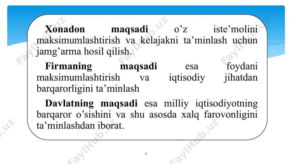 aoliyat — kishilarning tashqi olamga faol munosabati shakli, insonning oʻzini oʻzi maqsadga muvofiq tarzda oʻzgartirish usuli, inson borligʻining muhim xususiyatlaridan biri. faqat faoliyat. zamiridagina inson mohiyati namoyon boʻlishi, jamiyatning, har qanday ijtimoiy tuzilmaning mavjudligi taʼminlanishi mumkin. inson va jamiyat ehtiyojlaridan kelib chiqqan holda, faoliyat shakllari, asosan, quyidagicha turkumlashtiriladi: -moddiy faoliyat (insonning oʻz xavfsizligi taʼminlanishi, oziq-ovqat, kiyim-kechakka boʻlgan dastlabki ehtiyojlarining qondirilishi va mehnat qurollari orqali tashqi tabiatning oʻzgartirilishi); -ijtimoiy-siyosiy faoliya. (ijtimoiy munosabatlarga, ijtimoiy hayotga taʼsir koʻrsatish); - maʼnaviy faoliyat. (ilmfan, sanʼat, din, badiiy ijod va boshqa sohalardagi). 13 4. faoliyat sohasining chegaralari. iqtisodiyotga davlatning aralashuvi va iqtisodiyotni davlat tomonidan boshqarishning zarurati. soha- ochiq keng joy; hovli -ijtimoiy soha -iqtisodiyot sohasi -moliya-bank sohalari -madaniyat, san’at, sport sohalari -qurilish va h.z 14 davlatning iqtisodiy siyosati ta’riflari 15 iqtisodiy siyosat mikrosiyosat makrosiyosat mega (xalqaro) siyosat davlatning siyosati – bu makroiqtisodiy siyosat bo’lib, uning muayyan mamlakatning milliy iqtisodiyotiga taalluqli yo’l-yo’riqlari davlatning siyosati har doim milliy …