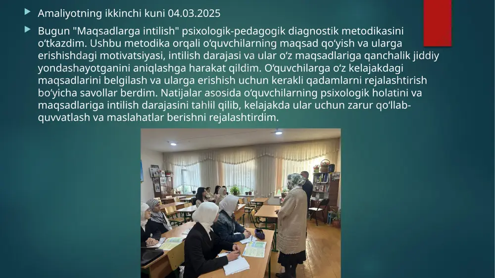 ni tanlashda qo‘llab-quvvatlash va yo‘l-yo‘riq ko‘rsatish bo‘yicha tavsiyalar berildi. amaliyotning o’n birinchi kuni 15.03.2025 bugun bujurtma asosida ichki ro‘yxatga olingan, ijtimoiy-psixologik muammolari mavjud o‘quvchilar bilan maslahatlashuv o‘tkazdim. ularning muammolarini tinglab, psixologik qo‘llab-quvvatlash va ijtimoiy moslashuv bo‘yicha amaliy maslahatlar berdim. shuningdek, "mavjud bo‘lmagan xajvon" proektiv metodikasini o‘tkazdim. ushbu metodika orqali o‘quvchilar o‘zlarining ichki dunyosini, hissiyotlarini va muammolarini tasvirlashga imkon yaratdi. mashg‘ulotni tahlil qilish davomida, o‘quvchilarning ichki kechinmalari va ijtimoiy moslashuvdagi qiyinchiliklari haqida muhim ma'lumotlar oldim. bu metodika o‘quvchilarning psixologik holatini tushunishga va ularni qo‘llab-quvvatlash uchun zarur chora-tadbirlarni ishlab chiqishga yordam berdi. amaliyotning o’n ikkinchi kuni 17.03.2025 bugun "hayvonlar yo‘qolib qoldi" proyektiv texnikasini o‘tkazdim. ushbu metodika orqali o‘quvchilarga hayvonlarning yo‘qolishi va ularning yashash muhitidagi o‘zgarishlarni tasavvur qilish, shuningdek, hayvonlarning yo‘qolishiga sabab bo‘luvchi omillarni aniqlash imkoniyati yaratildi. o‘quvchilar hayvonlarning yo‘qolishini va bu holatning insonlar va tabiiy muhitga ta’sirini o‘rgandilar. proyektiv texnika davomida, o‘quvchilarga turli vazifalar berilib, ular o‘zlarining fikrlarini va tasavvurlarini erkin ifodalashdi. …