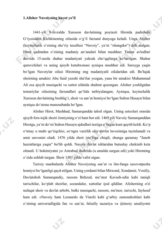 nni bosib olgani; jomiy butun eronda kuylasin, arabistonda jomiy choynak chaydi, ammo turklar barcha qabilalarning, har qanday mamlakatning butun turklar faqat men tomonidan zabt etildi ... qaerda turk bo'lsa, turkiy so'zlar bayrog'i ostida u har doim ko'ngilli bo'lishga tayyor. va bu qayg'u va ajralish hikoyasi, tasvir: alisher navoiyning muhammad muzohib miniatyurasi portreti (xv asr) ma’naviy ehtiroslar va yuksak azoblarga qaramay, turkiy tilda yo‘lga chiqdim. (l. penkovskiy tarjimasi) xuddi shu fikrni u o‘zining “ikki til bahsi” (1499) nomli ajoyib risolasida nasrida shunday ifodalagan: “turkiy tilning boyligi ko‘p faktlar bilan isbotlangan. xalq orasidan yetishib chiqqan iste’dodli shoirlar o‘z imkoniyatlarini forsiyda namoyon etmasligi kerak. agar ular har ikki tilda ham she’r yarata olsalar, o‘zlari ham ko‘proq she’r yozishga loyiqdir”. va yana: “menimcha, men turkiy xalqning munosib xalqi oldida buyuk bir haqiqatni tasdiqladim va ular o‘z so‘z va ifodalarining asl qudratini, tili va so‘zining go‘zal fazilatlarini anglab, forsiyda she’r yaratuvchilarning o‘z tili va nutqiga …