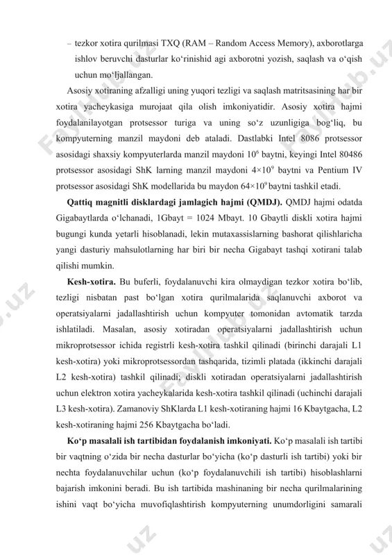 tibidan foydalanish imkoniyati. ko‘p masalali ish tartibi bir vaqtning o‘zida bir necha dasturlar bo‘yicha (ko‘p dasturli ish tartibi) yoki bir nechta foydalanuvchilar uchun (ko‘p foydalanuvchili ish tartibi) hisoblashlarni bajarish imkonini beradi. bu ish tartibida mashinaning bir necha qurilmalarining ishini vaqt bo‘yicha muvofiqlashtirish kompyuterning unumdorligini samarali oshirish imkonini beradi. ayniqsa bu ko‘rsatkich uncha katta bo‘lmagan lokal tarmoqda, server vazifasini bajarayotgan, kuchli ishchi stansiya sifatida foydalanilayotgan kompyuter uchun juda muhim ahamiyatga ega. shkning ishonchlilik, narx, og‘irlik va o‘lcham kabi boshqa ko‘rsatkichlari iste’molchi talablariga doir ko‘rsatkichlar hisoblanadi. 3. shaxsiy kompyuterlarning funksional bloklari yuqorida aytib o‘tilganidek, shklar yuqori darajali unifikatsiyaga ega bo‘lganligi uning qo‘llanilish sohasiga qarab turli konfiguratsiyalarni tuzish imkonini beradi. asosiy bog‘lama va bloklarning shunday to‘plamlari borki, ularsiz shkning funksional imkoniyatlari to‘liq bo‘lmaydi va u universal kompyuter toifasiga tegishli bo‘lmaydi. bu to‘plam tarkibiga protsessor, xotira bloklari, kirit ish-chiqarish va hujjatlashtirish vositalari, elektr ta’minoti va kompyuterlararo aloqa bog‘lamalari kiradi. shkning asosiy bog‘lama to‘plami va …