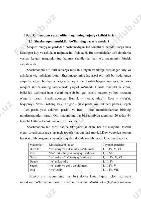al kuy namunalari mavjuddir. jumladan, buzruk va rostda – 7 tadan, navo va segohda – 8 tadan, dugohda – 10 ta, iroqda – 6 ta cholg‘u asarlar o‘zaro taqsimlangan bo’lib quyidagi jadvalda nomlari ko‘rsatilgan: cholg‘u qismlarning to‘liq nomlanishidan shu narsa ayon bo‘ladiki, ularning bir qanchasi barqaror bo‘lib, deyarli hamma maqomlarda uchraydi. bulardan ayrimlari bir necha har xil namunalardan iborat. ba’zi qismlar esa nodir bo‘lib, faqat birgina maqomga xos holda uchraydi. shashmaqom cholg‘u yo‘llarining hammasi uchun yana bir xos narsa shuki, ularning ichki shakli asosan “xona” va “bozgo‘y” deb ataladigan kuy tuzilmalarining tartibli almashinuvi natijasida barpo etiladi.ular bir yoki bir necha kuy jumlasidan tashkil topishi mumkin. xona – uy, xona ma’nosida, ya’ni “kuyni tashkil etgan tovushlar va uning boshqa unsurlari joylashtirilgan xona” ma’nosini bildiradi. doimiy yangilanish maqsadida rivojlanuvchi xonalar, tertsiya, kvarta, kvinta, oktava va undan ham balandroq joylashgan pardalarga sakrama harakat orqali ko‘tariladi. keyinchalik peshrav vositasi yordamida asarning bosh pardasiga silliq …