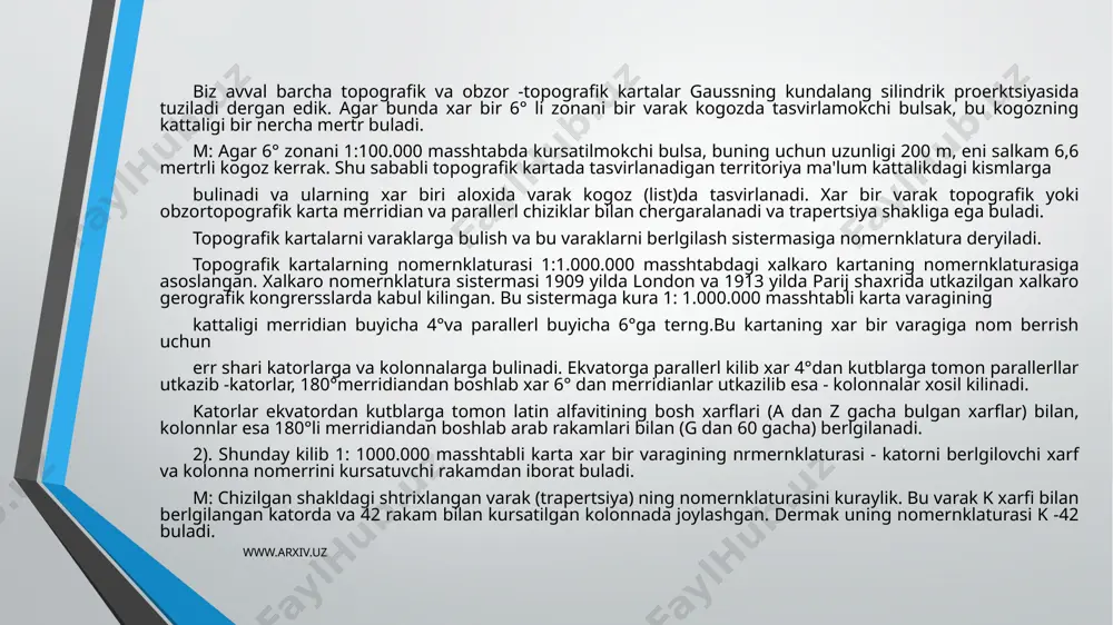 tabli karta varaklarining nomernklaturasi 1:50.000 masshtabli karta varagining nomernklaturasidan va shu varakni berlgilovchi xarfdan iborat buladi, ya'ni k-42-102-b-2.,buladi. 1: 25.000 masshtabli kartaning xar bir varagi xam 4 ta 1:10.000 masshtabli karta varaklariga bulinadi. www.arxiv.uz topografik va obzor-topografik kartalar bir varagining kattaligi va nomernklaturasi kartaning masshtabi varagining kattaligi nomernklaturasi kerng. buy. uzok buyich. 1:1000.000 40 60 k-42 1:500.000 20 30 k-42-г 1:300.000 1020 20 ix-k-42 1:200.000 40 10 k-42-xx 1:100.000 20 30’ k-42-102 1:50.000 10 15’ k-42-102-б 1:25.000 5 7’30’’ k-42-102-б-г 1:10.000 20’30’’ 3’45’’ к-42-102-б-г-з 1:5.000 1’15’’ 1’52,5’’ к-42-102-(132) 1:2.000 0025’’ 0’37,5’’ к-42-102-(132-б) www.arxiv.uz yer yuzasi juda murakkab rerlerf shakillaridan iboratdir. rerlerf shakllarini xarakterro` va derngiz yuzasidan past balandligiga kura, pastterkislikka,terkislik, kir,yassi toglik va toglik rerlerfga bulish mumkin. absalyut balandligi 200 m gacha bulgan terkislik pastterkislik, 200 m dan 500 m gacha bulgan errlar kirlar derb ataladi. balandligi 500 m dan ortik bulgan terkislik yassi toglikdir. joyning rerlerfi oddiy yoki murakkab …
