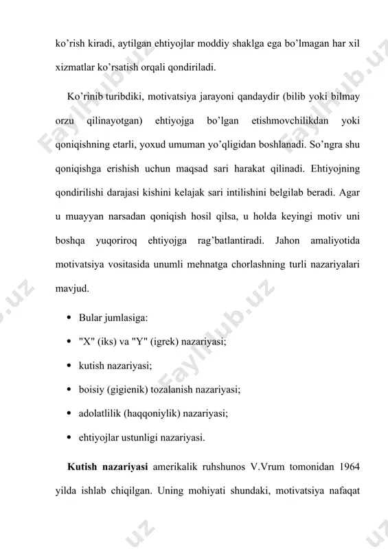 o‘l ostidagilarni sevadi, ularning muammosini o‘zining muammosi deb tushunadi. umuman mehnat natijalarini rag‘batlantirishda motivatsiyaning quyidagi iqtisodiy va noiqtisodiy usullari qo‘llaniladi: iqtisodiy omillar – ish haqi, tadbirkorlik foydasi, turli imtiyoz va mukofotlar berish, jarima, mukofotdan mahrum etish va h. k. noiqtisodiy omillar: maqsadli omillar, mehnatni boyitish omillari, daxldorlikni oshirish omillari. demotivlashtirish – bu motivlashtirishga teskari harakat qilish, imkon boricha bilar- bilmas holda xodimlarning tashabbusini bo‘g‘ish, ular bilan hisoblashmaslik, ularni doimo qo‘rquv va ikkilanish holatida o‘zini tutishga majbur etish kabi nomaqbul xatti-harakatlar majmuasidir. 2. ehtiyoj va u orqali kishilarni motivlashtirish jarayoni motivlashtirishda bir nechta samarali ulullar mavjud bo’lib ular vaqt va zamon nuqtai nazaridan kelib chiqib turlicha bo’lishi mumkin. eng muhimi xilma-xil ehtiyojni qondirish uchun xilma-xil faoliyat va uni muvofiqlashtiruvchi boshqaruv talab qilinadi. ehtiyoj orqali kishilarni motivlashtirish jarayonini quyidagicha ifodalash mumkin. ehtiyojlar motiv yoki harakat maqsad (etishmovchiliklar) istaklar (tutgan yo‘l) ehtiyojni qondirish natijalari: 1. qoniqdi 2. qisman qoniqdi 3. umuman qoniqmadi ko‘rinib …