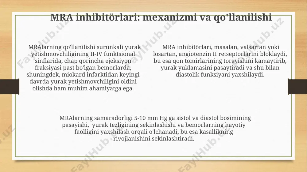 ilanishni ko'rsatishi mumkin. ejection fraction (ef) ning o'zgarishlarini echokardiografiya orqali kuzatish, yurak qorinchalarining qisqarish faolligini baholash va davolashning samaradorligini aniqlash imkonini beradi, 10-15% ga yaxshilanish klinik jihatdan ahamiyatli hisoblanadi. giyohvand moddalar guruhlari fosfodiesteraza inhibitörlari guruhi, masalan, milrinon, amp darajasini oshirish orqali miokardning qisqarish kuchini kuchaytiradi va 15-25% ga yurak chiqishini oshiradi. yurak yetishmovchiligining oʻtkir va surunkali shakllarida qoʻllaniladigan glikozidlar guruhi, masalan, digoksin, miokardning qisqaruvchanligini 20-30% ga oshiradi va yurak urish tezligini sekinlashtiradi. beta-adrenerjik blokerlar, masalan, metoprolol, simpatik asab tizimining haddan tashqari faolligini kamaytiradi, yurak urish tezligini nazorat qiladi va yurak mushaklariga bo'lgan kislorod talabini 10-15% ga pasaytiradi. kardiotonik vositalarning ta'rifi kardiotonik vositalar yurak mushaklarining qisqarish kuchini va tezligini oshirishga qaratilgan dori-darmonlar guruhi bo'lib, taxminan 15 ga yaqin turdagi preparatlardan iborat. ushbu preparatlar yurak yetishmovchiligining turli xil shakllarida, jumladan, sistol va diastol disfunksiyasi bilan bog'liq bo'lgan holatlarda, odatda ii-iv nyha funksiya sinfiga ega bemorlarda qo'llaniladi. kardiotoniklarning ta'siri yurak mushaklariga ijobiy inotropik …