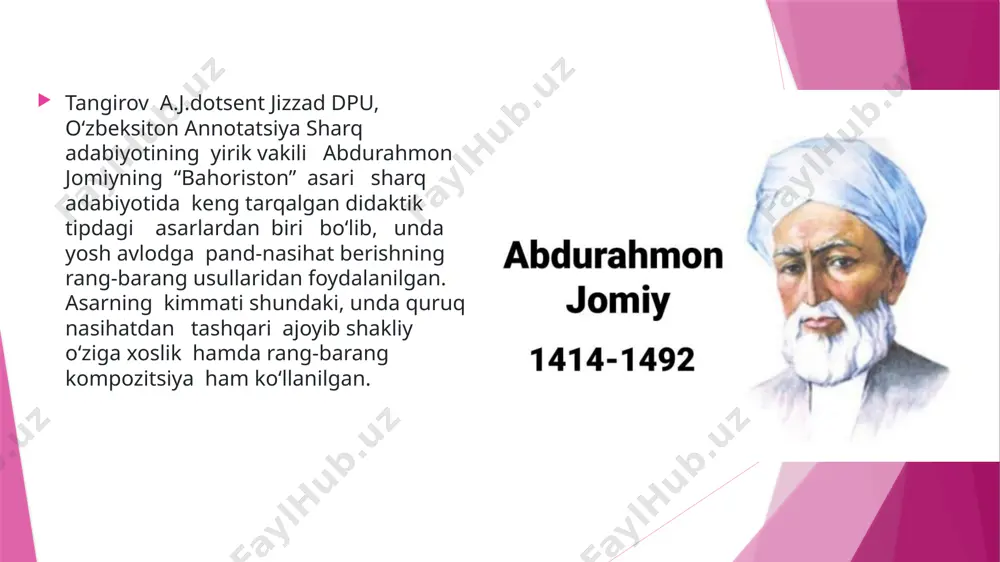 atamalar va tabiatidan uzoq xotimalarni o‘ragnishdan ularning qalbi cho‘chiydi, xotiraga dahshat g‘ubori o‘tiradi…” . yosh ziyovuddin yusuf ko‘pincha mustaqil o‘qib, o‘rganish uchun sa’diy sheroziyning “guliston” asaridan foydalangan hamda o‘qigan. bu jarayondan ilhomlangan abdurahmon jomiy ham mazkur asarni, ya’ni “bahoriston”ni yaratishga kirishadi: “shu asnoda xotiramga uning ( sa’diy sheroziy –a.t.) sharif so‘zlaridansharaflanib va latif she’rlaridan ilhomlanib, shu turda va shu uslubda bir necha varaq ijod qilib, hozirga doston va g‘oyiblarga armug‘on etish fikri keldi. va bu ma’no anjomini topib bu surat oxiriga yetdi…” “bahoriston” janr nuktai nazaridan ham o‘ziga xos asar hisoblanadi. avvalo, asar adibning o‘zi ta’kidlagidek, sa’diy sherziyning “ guliston” hamda keyinchalik dunyo yuzini ko‘rgan sayfi saroiyning “guliston bit turkiy” asarlariga monand tarzda yaratilgan pandnoma tipidagi asar hisoblanadi. hatto ayrim adabiyotshunoslar “bahoriston”ni sa’diy she’roziyning “guliston” asariga o‘ta kuchli ta’sir etganini ta’kidlaydi. jumladan, tojik munaqqidi a’loxon afzahzod o‘zining “bahoriston” ga yozgan so‘zboshisida ”bahoriston” “guliston” ga naziradir”,– degan fikrni ham bayon etgan. …