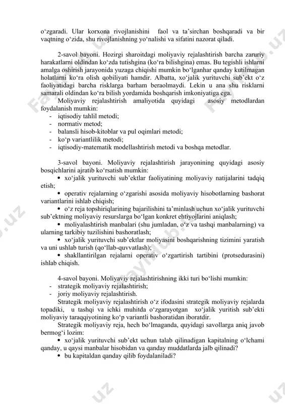 larning daromadlar va harajatlar balansi muhim o‘rinni egallaydi. davlatning yig‘ma moliyaviy balansi (moliyaviy resurslar balansi) mamlakat, uning sub’ektlari, mahalliy-hududiy tuzilmalari va ma’lum hududda faoliyat ko‘rsatayotgan barcha xo‘jalik yurituvchi sub’ektlarning barcha daromadlari va harajatlarining jamidan iboratdir. u o‘tgan yilgi davlatning hisobot yig‘ma moliyaviy balansi ( hisobot moliyaviy resurslar balansi) asosida va mamlakat sotsial-iqtisodiy taraqqiyotining bashorat ko‘rsatkichlariga muvofiq ravishda tuziladi hamda ular byudjet loyihalarini ishlab chiqishda asos bo‘lib xizmat qiladi. bu moliyaviy rejalar (hujjatlar) moliya vazirligi va moliya tizimining boshqa bo‘linmalari faol ishtirokida iqtisodiyot vazirligi tomonidan ishlab chiqiladi. balansda byudjet fondi, nobyudjet fondlar, sug‘urta fondi, kredit fondi, korxona va tashkilotlarning pul fondlari va nihoyat, fuqarolarning pul mablag‘lari tarkibida rejalashtiri-layotgan resurslarning shakllanishi va ulardan foydalanish aks ettiriladi. moliyaviy rejalashtirishning balans metodi mamlakat, uning ma’muriy-hududiy tuzilmalari va mahalliy ma’muriyatlari masshtabida moliyaviy resurslar defitsitini aniqlashga, barcha xo‘jalik yurituvchi sub’ektlar o‘rtasida mablag‘larni samarali va asosli qayta taqsimlashga imkon beradi. davlatning yig‘ma moliyaviy balansi (moliyaviy resurslar balansi) …