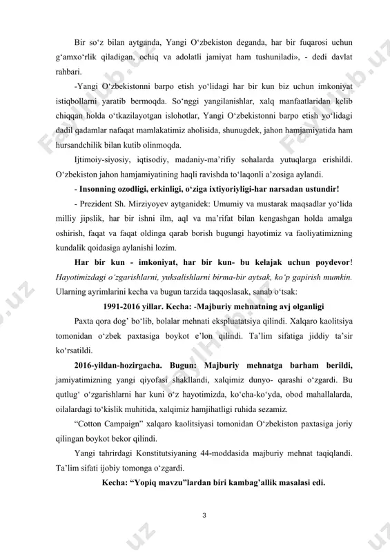 chiq gapirishi va ularning yechimi uchun birgalikda harakat qilishlariga barcha sharoitlar mavjud bo‘lgan; - hamma uchun adolatni so‘zsiz ta’minlash imkoniyatini beradigan hamda fuqarolari ijtimoiy mavqeidan qat’i nazar, qonun oldida teng bo‘lgan; - tadbirkorlikning rivojlanishi uchun zarur sharoitlar yaratilgan davlat, desak, mubolag‘a bo‘lmaydi. bir so‘z bilan aytganda, yangi o‘zbekiston deganda, har bir fuqarosi uchun g‘amxo‘rlik qiladigan, ochiq va adolatli jamiyat ham tushuniladi», - dedi davlat rahbari. -yangi o‘zbekistonni barpo etish yo‘lidagi har bir kun biz uchun imkoniyat istiqbollarni yaratib bermoqda. so‘nggi yangilanishlar, xalq manfaatlaridan kelib chiqqan holda o‘tkazilayotgan islohotlar, yangi o‘zbekistonni barpo etish yo‘lidagi dadil qadamlar nafaqat mamlakatimiz aholisida, shunugdek, jahon hamjamiyatida ham hursandchilik bilan kutib olinmoqda. ijtimoiy-siyosiy, iqtisodiy, madaniy-ma’rifiy sohalarda yutuqlarga erishildi. o‘zbekiston jahon hamjamiyatining haqli ravishda to‘laqonli a’zosiga aylandi. - insonning ozodligi, erkinligi, o‘ziga ixtiyoriyligi-har narsadan ustundir! - prezident sh. mirziyoyev aytganidek: umumiy va mustarak maqsadlar yo‘lida milliy jipslik, har bir ishni ilm, aql va ma’rifat bilan kengashgan holda …