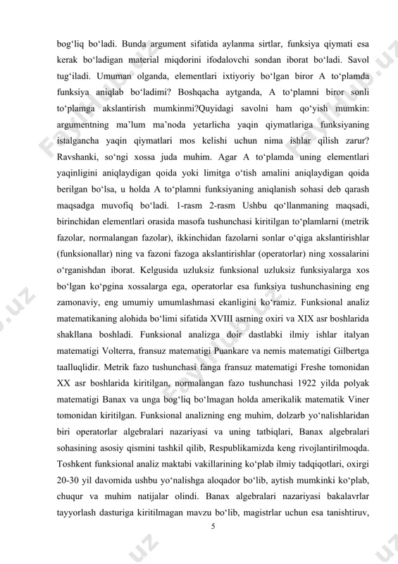 uriga kiritilmagan mavzu bo‘lib, magistrlar uchun esa tanishtiruv, umumiy tushunchalarni berish sifatida ozgina berilgan xolos. shu sababli ushbu qo‘llanmada banax algebralari bilan yaxshiroq tanishish va tanishtirish, hamda undagi ba’zi yechilmagan masalalarga e’tibor berish nazarda tutilgan. ma’lumki, banax algebralarining paydo bo‘lishida operatorlar algebrasi asosiy rol o‘ynagan. odatda, x chiziqli fazoni y chiziqli fazoga aks ettiruvchi barcha chiziqli operatorlar to‘plamini l(x,y) orqali belgilanadi va u chiziqli fazo bo‘ladi. agar qaralayotgan fazolar normalangan fazolardan iborat bo‘lsa, u holda uzluksiz operatorlar fazosi haqida fikr yuritish mumkin. ikki uzluksiz operatorning yig‘indisi va uzluksiz operatorning songa ko‘paytmasi uzluksiz operator bo‘lishi, chiziqli amallarning uzluksiz ekanligidan bevosita kelib chiqadi. agar 𝑋 = 𝑌 bo‘lsa, 𝐿(𝑋, 𝑋) o‘rniga 𝐿(𝑋) yozamiz. 𝐿(𝑋) chiziqli fazoda ko‘paytma sifatida operatorlarning kompozitsiyasi, 𝑇 ∘ 𝑆 olinadi va 𝐿(𝑋) algebraga aylanadi. bu algebrani chiziqli operatorlar algebrasi deyiladi. operator algebralarining eng muhimlari 𝐶 ∗ -algebralar, fon neyman algebralaridir. ulardan yanada kengroq tushunchalar yordamida aniqlanadigan, o‘z–o‘ziga qo‘shma …