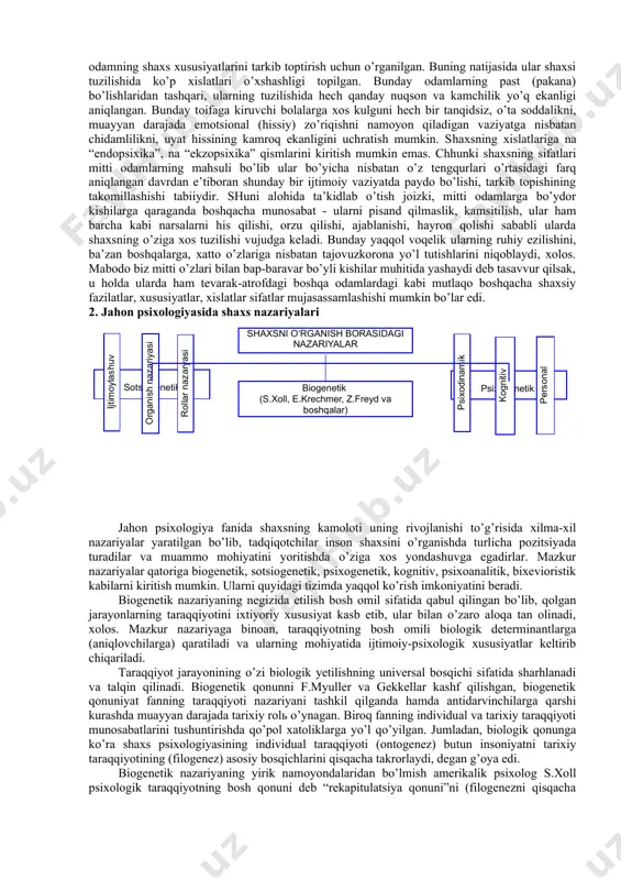 hal qilish shaxsning mazkur tuzilishining ichki sharoitlarida ifodalanuvchi xulq-atvorni oldindan bashorat qilish imkonini yaratadi. shaxs tuzilishi bilan bog’liq bo’lgan ikkinchi masala esa bunday tuzilishning bir necha tarkibiy qismlarga ajratishni taqozo etadi binobarin, ushbu bo’laklarning yig’indisi yaxlit inson shaxsini vujudga keltiradi. jahon psixologiya fanida psixologlar shaxsning psixologik tuzilishining tarkibiy qismlarini turli jihatlariga asoslanib, turkumlarga ajratishni tavsiya etmoqdalar. hozirgi zamon jahon psixologiyasida biologik (tabiiy) va ijtimoiy omillarning voqelikka ta’siri ostida shakllangan inson shaxsida ikkita muhim qism bo’lganligini tasdiqlovchi nazariya yuksak mavqeni egallab turibdi. mazkur nazariyaga binoan “ichki psixik” (“endopsixik” – yunoncha endo ichki degan ma’noni bildiradi) degan g’oyani ilgari surdilar. uning talqiniga ko’ra, “endopsixika” shaxsning psixik tuzilishining ichki qismlari sifatida psixik elementlar va funktsiyalarning o’zaro bog’liqligini aks ettiradi. uning negizida insonning nerv-psixologik tuzilishi bilan “endopsixika” aynan bir narsa degan tushuncha tasdiqlanadi, chunki u odam shaxsining ichki mexanizmini yuzaga keltiradi. psixik tuzilishning “endopsixik” qismi bo’lsa, shaxsning tashqi muhitga nisbatan munosabatini, shaxsga qarama-qarshi bo’lgan …