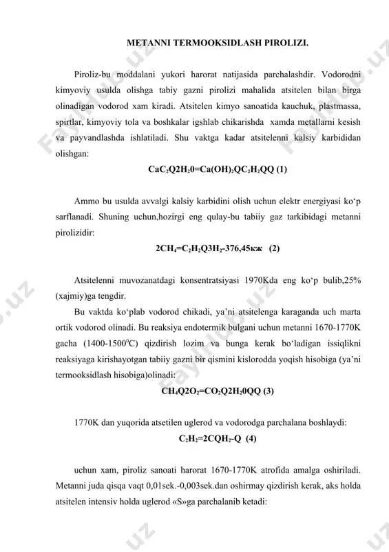 ga parchalanib ketadi: с2н2=2сqн2-q (5) bunga yo‘l qo‘ymaslik uchun reaktordan chiqayotgan gaz aralashmani «chiniqtirish» kerakdir, ya’ni reaksion gaz aralashmasini 1570:1770к dan 350-360к (80-900c) gacha tezlikda sovutmoq kerakdir, bu esa reaktordan chiqayotgan gaz aralashmasiga suv purkash bilan amalga oshiriladi. metanni atsitelenga o‘tish xajm kengayishi ya’ni 2 mol metan 4 mol atsitelen va vodorod aralashmasi hosil qilish bilan ketgani uchun bosimni kamaytirish yoki metanga inert gaz qo‘shib, atsitelen olishdir. ammo, qurilmaning unumdorligini oshirish, apparatlar o‘lchamini qisqartirish uchun 4mpagacha bosim qo‘llaniladi, lekin bu holda reaksiya chapga ketib qolmasligi uchun harorat esa biroz qo‘tariladi. piroliz mahalda ketadigan ushbu umumiy reaksiyada: 45сн4q30,2502=8с2н2q3,5со2q25,5соq54н2q25н20(буг) (5) kislorod va metanni optimal nisbati (0,60-0,67-1)ga tengdir. reaktorda portlash ro‘y bermasligi uchun reaktorga kelayotgan gaz aralashmasi tezligi reaksiya natijasida hosil bo‘layotgan alangani tarqalish tezligidan bir necha marta ortiq bo‘lishi kerak. xozirgi vaqtda qo‘llaniyotgan reaktorlar ikki turga bo‘linadilar: 1) bir kanalli 2) ko‘p kanalli. bir kanallida gazning tezligi 150-300mғsek.bulib,uning afzalliklari: alangani orqaga tarqalishiga …