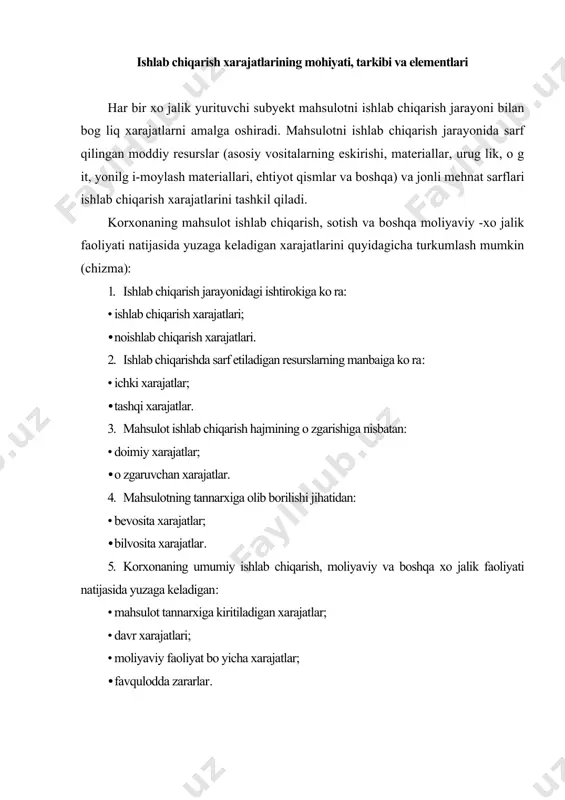 sulot ishlab chiqarish jarayoni bilan bog liq bo lmagan xarajatga noishlab chiqarish xarajatlari deb yuritiladi. uning tarkibiga: · mahsulotni sotish bilan bog liq xarajatlar; · ma’muriy boshqaruv xarajatlari; · boshqa operatsion xarajatlar va zararlar; · moliyaviy faoliyat bo yicha xarajatlar; · favqulodda zararlar kiradi. korxonalarning ishlab chiqarish jarayonida foydalaniladigan o ziga tegishli resurslar sarfi uning ichki xarajatlarini, tashki mol yetkazib beruvchilar va boshqa subyektlardan sotib olingan resurslar uchun to lovlar korxonaning tashqi xarajatlarini tashkil qiladi. qisqa muddatli davrda mahsulot hajmining o sishiga nisbatan doimiy va o zgaruvchi xarajatlar farq qiladi. doimiy xarajatlar mahsulot hajmining o zgarishiga bog liq bo lmay, korxonaning ma’lum bir vaqt oralig ida sarflashi qat’iy belgilab qo yilgan o zgarmas xarajatlarini ifoda etadi. bunga asosiy vositalarning eskirish, boshqaruv xodimlarining mehnat haqi, sug urta to lovlari, telefon uchun abonentlik to lovi ijara to lovlari va shunga o xshashlarni misol qilib keltirish mumkin. doimiy xarajatlarning o ziga xos xususiyati …