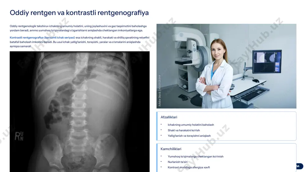 iyasi bor-yoʻqligini tekshirish majburiydir. bu xavfli asoratlarning oldini oladi. notoʻgʻri tayyorgarlik diagnostik xatoliklarga olib kelishi mumkin, shuning uchun bemorga koʻrsatmalarga qatʼiy rioya qilish tavsiya etiladi. 7 zamonaviy radiologik texnologiyalar va ularning afzalliklari radiologiya sohasidagi doimiy innovatsiyalar diagnostika imkoniyatlarini kengaytirib, bemor xavfsizligini oshirmoqda. nurlanishni kamaytirish 3d rekonstruksiya ultrasonografiya vizualizatsiyani oshirish xavfsizlik qon oqimini baholash yuqori sifatli, xavfsiz diagnostika 3d rekonstruksiya va virtual kolonoskopiya: kt va mrt maʼlumotlari asosida ichakning uch oʻlchamli tasvirini yaratish imkonini beradi. virtual kolonoskopiya esa invaziv boʻlmagan usulda ichakni tekshirishga yordam beradi. ionlashtiruvchi nurlanishni kamaytirish texnologiyalari: yangi avlod kt apparatlari diagnostik sifatni saqlagan holda nurlanish dozasini minimallashtiradi. ultrasonografiya va doppler: ichak devorining qalinlashuvini, yalligʻlanishini va ichak qon oqimini baholashda foydali. bu, ayniqsa, bolalar va homiladorlarda xavfsiz alternativ hisoblanadi. 8 klinik misollar va diagnostik yondashuv kasallikning turi va bemorning holatiga qarab, turli diagnostika usullari birgalikda qoʻllanilishi mumkin. 1 yoʻgʻon ichak saratoni dastlabki skrining uchun kolonoskopiya, tarqalishini aniqlash uchun kt …