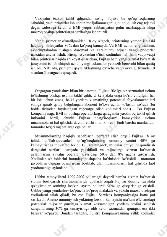 a oldingi bo'lim xodimlari bir xil shikoyatlar bilan qo'ng'iroq qilishda davom etmaydi. odatda, ushbu sohada, yordam xizmati operatoriga hisob-kitob qilinganda, muammo bo'yicha faqat birinchi kontaktga hisoblangan. ammo keyin hammasi printerlarga xizmat ko'rsatadigan kompaniyaga nisbatan baland ovozda, ammo samarasiz shikoyatlarga tushdi. vaziyatni tezkor tahlil qilgandan so'ng, fujitsu bu qo'ng'iroqlarning sababini, ya'ni printerlar ish uchun mo'ljallanmaganligini hal qilish eng tejamli degan xulosaga keldi. u bmi yuqori rahbariyatini pulni mashaqqatli ishga mosroq boshqa printerlarga sarflashga ishontirdi. yangi printerlar o'rnatilganidan 18 oy o'tgach, printerning yomon ishlashi haqidagi shikoyatlar 80% dan ko'proq kamaydi. va bmi uchun eng muhimi, aviachiptalardan tushgan daromad va xarajatlarni tejash yangi printerlar narxidan ancha oshdi. biroq, ro'yxatdan o'tish xodimlari hali ham vaqti-vaqti bilan printerlar haqida shikoyat qilar ekan, fujitsu ham yangi xizmat ko'rsatish jarayonini ishlab chiqish uchun yangi uskunalar yetkazib beruvchi bilan qattiq ishladi. natijada, printerni qayta tiklashning o'rtacha vaqti avvalgi tizimda 10 soatdan 3 soatgacha qisqardi. o'zgargan yondashuv bilan bir …