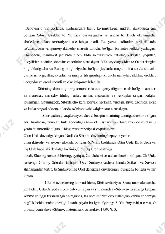 odiysi hamda sutkent va savron shaharlaridan tortib, to sirdaryoning orol dengiziga quyiladigan joyigacha bo`lgan yerlar kirgan. 1 ba`zi avtorlarning ko`rsatishicha, sibir territoriyasi sharq mamlakatlarida, jumladan, urta osiyoda «ibir» deb yuritilgan va shu nomdan «sibir» so`zi yuzaga kelgan. ammo so`nggi tekshirishga qa-raganda, bu nom «sibir» deb ataladigan kabilalar nomiga bog`lik holda eradan avvalgi i asrda paydo bo`lgan. qarang: 3. ya. boyarshi-n o v a, o proisxojdenii slova «sibnr», «istoricheskiye nauki», 1959, № 3. xiv asrning boshlaridan oq urdaning turk tilida so`zlashadigan ko`chmanchi kabilalari o`zbeklar deb yuritila boshlandi. faqat ok urdaning emas, balki butun oltin urda davlatining xam o`zbeklar mamlakati nomi bilan yuritilganligi hakida ma`lumotlar bor2. lekin, shuni ko`rsatib o`tish lozimki, u vaktlardagi «o`zbek» nomini xozirgi «o`zbek» nomi bilan tenglashtirib bo`lmaydi. chunki hozirgi o`zbek xalqi shakllanishida urta osiyodagi maxalliy aholi asosiy o`rinni egallab, dashti qipchok (oltin urda) o`zbeklari esa uning bir qismini tashkil etgan, xolos. s`huning uchun oltin urda o`zbeklari xakida so`z …