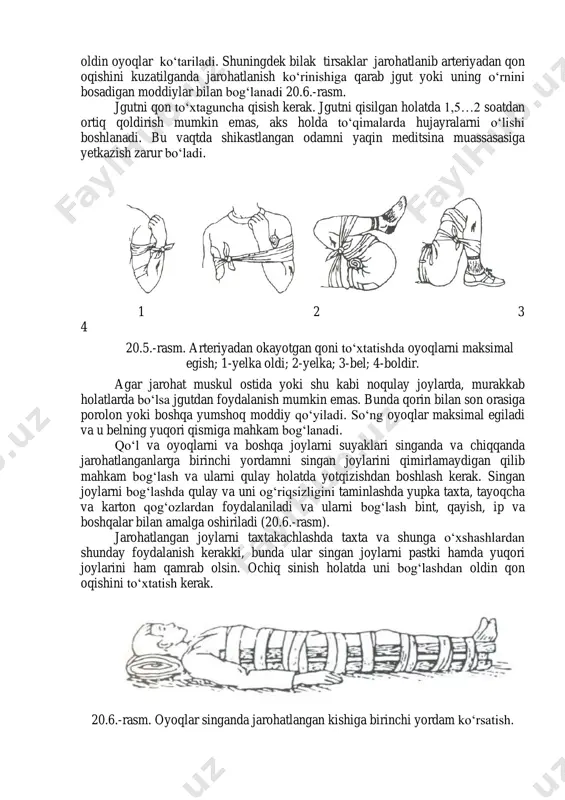 ngan joylardan qonlarni oqishini to‘xtatish no‘qtalari 20.5.-rasmda ko‘rsatilgan. oyoqlar jarohatlanganda, qon oqimini to‘xtatishning eng muhim usuli oyoqni, belning yuqori qismiga mahkam qisib bog‘lash hisoblanadi. jgutni bog‘lashdan oldin oyoqlar ko‘tariladi. shuningdek bilak tirsaklar jarohatlanib arteriyadan qon oqishini kuzatilganda jarohatlanish ko‘rinishiga qarab jgut yoki uning o‘rnini bosadigan moddiylar bilan bog‘lanadi 20.6.-rasm. jgutni qon to‘xtaguncha qisish kerak. jgutni qisilgan holatda 1,5…2 soatdan ortiq qoldirish mumkin emas, aks holda to‘qimalarda hujayralarni o‘lishi boshlanadi. bu vaqtda shikastlangan odamni yaqin meditsina muassasasiga yetkazish zarur bo‘ladi. 1 2 3 4 20.5.-rasm. arteriyadan okayotgan qoni to‘xtatishda oyoqlarni maksimal egish; 1-yelka oldi; 2-yelka; 3-bel; 4-boldir. agar jarohat muskul ostida yoki shu kabi noqulay joylarda, murakkab holatlarda bo‘lsa jgutdan foydalanish mumkin emas. bunda qorin bilan son orasiga porolon yoki boshqa yumshoq moddiy qo‘yiladi. so‘ng oyoqlar maksimal egiladi va u belning yuqori qismiga mahkam bog‘lanadi. qo‘l va oyoqlarni va boshqa joylarni suyaklari singanda va chiqqanda jarohatlanganlarga birinchi yordamni singan joylarini qimirlamaydigan …