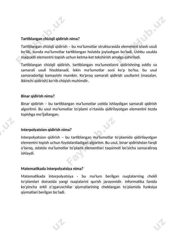 ning tuzilishi va muvofiqligiga ta'sir qiladi. binar qidirish daraxti (bst) asosan quyidagi xususiyatlarga ega: 1. tuzilishi: binar qidirish daraxtida har bir tugun o'zidan kichik qiymatga ega bo'lgan tugunlarni chapga, katta qiymatga ega bo'lgan tugunlarni esa o'ngga joylashgan bo'ladi. bu tuzilish qidirishni samarali qilishga yordam beradi. 2. o'rtacha va eng yomon holatlar: - o'rtacha holatda, agar daraxt muvozanatli bo'lsa (ya'ni, har bir darajadagi tugunlar bir xil tarqatilgan bo'lsa), qidirishning vaqt murakkabligi o(log n) ga teng bo'ladi, bu yerda n - daraxtdagi tugunlar soni. - eng yomon holatda esa, agar daraxt mutlaq noqulay (masalan, barcha tugunlar ketma-ket joylashgan bo'lsa) bo'lsa, vaqt murakkabligi o(n) ga teng bo'ladi, bu esa qidirish jarayonini samaradorligini pasaytiradi. 3. muvozanatli daraxtlar: muvozanatli binar qidirish daraxtlari (masalan, avl daraxtlari yoki red-black daraxtlari) har doim o'rtacha holatda o(log n) samaradorligini saqlaydi, chunki ular o'zlarini muvozanatga keltirib turadi. umuman olganda, binar daraxt bo‘ylab qidirish samaradorligi daraxtning tuzilishi va muvozanatini hisobga olgan …