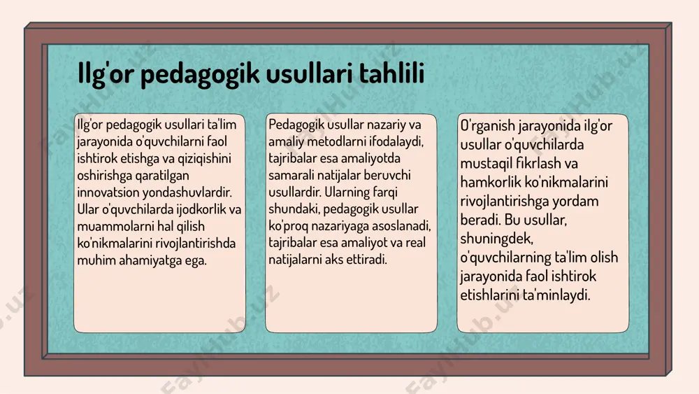 i o'qitish esa o'quvchilarga real hayotdagi muammolarni hal qilish ko'nikmalarini rivojlantiradi. kolaborativ o'qitish esa o'quvchilar o'rtasida muloqotni va bilim almashishni kuchaytiradi. ushbu innovatsion usullar, o'quv jarayonini yanada interaktiv va qiziqarli qilish orqali o'quvchilarning motivatsiyasini oshirishga yordam beradi. inavator-pedagoglar va ta'lim jarayonidagi roli inavator-pedagoglar ta'lim jarayonida yangi g'oyalar va usullarni tatbiq etish orqali o'quv jarayonini boyitadi. ular o'quvchilarning qiziqishini rag'batlantirib, ijodiy fikrlashini rivojlantirishda muhim rol o'ynaydi. ta'lim jarayonida inavator-pedagoglarning o'rni va ahamiyati: 1. o'quvchilarning faol ishtirokini ta'minlaydi, bu esa ularning o'z-o'zini anglashiga yordam beradi. 2. ijodiy fikrlashni rivojlantiradi, bu esa o'quvchilarning muammolarni hal qilish qobiliyatini oshiradi. 3. zamonaviy texnologiyalardan foydalanib, ta'limni interaktiv va qiziqarli qiladi. inavator-pedagoglar ta'limda qanday o'zgarishlar kiritmoqda? ular o'quv jarayonini takomillashtirish uchun yangi metodlarni joriy etib, o'quvchilarning bilim olish jarayonini yanada samarali qiladi. masalan, ular interaktiv darslar o'tkazish, guruhiy ishlar va zamonaviy texnologiyalarni qo'llash orqali ta'lim sifatini oshirmoqdalar. bu o'zgarishlar natijasida o'quvchilarning muvaffaqiyatlari oshmoqda va ta'lim sifatiga ijobiy …