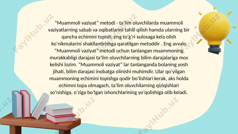 o‘l bo‘lib hizmat qilmoqda. ular: katta yoki murakkab tushunchalar yoki g‘oyalarni kichikroq, soddaroq tarkibiy qismlarga bo‘lish orqali ma’lumotni tushunish oson bo‘lgan tarzda tasavvur qilish va taqdim etishga yordam beradi; o‘quvchilarga dars va o‘quv jarayonida faol ishtirok etish imkoniyatini berish; aqliy hujum, tanqidiy va ijodiy fikrlash, toifalarga ajratish va ustuvorliklarni belgilash, mulohaza yuritish va boshqalar kabi kognitiv qobiliyatlarni rivojlantirishga ko‘maklashadi; mavzu bo‘yicha bilimlarni yangilashga yordam beradi va uni yangi ma’lumotlar bilan tezda boyitish imkonini beradi; - o‘z-o‘zini tarbiyalashni targ‘ib qiladi. eslatmalar olish, tahlil qilish, o‘rganish va hokazolar uchun grafik organayzerlardan foydalangan holda, o‘quvchilar dars materialini ancha oson o‘rganadilar. “venn diagrammasi”- ikki yoki undan ortiq narsalarni, voqealarni, odamlar va tushunchalarni taqqoslash va farqlash uchun ishlatiladigan vositadir. odatda til san‘atida va matematika kurslarida turli xillik va o‘xshashliklarni tashkil qilish uchun ishlatiladi. ushbu sodda grafik o‘quvchilarning ikkita narsaning bir vaqtning o‘zida turli xil va bir xil bo‘lganligini tushunishlarini osonlashtiradi. venn diagrammasi metodini barcha o‘quvchilar …