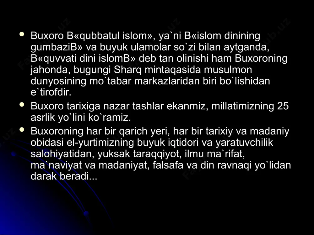 ning uzuligi 1250 metr bo`lib, uning o`nta darvozasi bo`lgan. xiva shahrida joylashgan me`moray yodgorlik sayid aloviddin maqbarasidir. bu maqbara xiv asrda qurilgan edi. shuningdek, xivada ko`hna ark, masjidi jomi`, oq masjid, uch avliyo maqbarasi, sherg`ozixon maqbarasi, ollohqulixon karvonsaroyi, qutlug` murod inoq madrassasi, muhammad amin inoq madrassasi, ollohqulixon bunyod ettirgan 163 xonadan iborat toshhovli saroyi va boshqalr muhim tarixiy me`morchilik yodgorliklari bo`lib, ular xivalik o`z kasbining ajoyib ustalari – naqqoshlar, toshganch, yog`och o`ymakorlarining mahoratini ko`z-ko`z qilib turadi. bularning bari xviii asr oxiri – xi asr boshlarida o`rta osiyo me`morchilik san`atining qayta tiklanganligidan, bu borada ayniqsa xiva xonligi me`morlari dong taratganligidan dalolat beradi. xiva nafaqat o`rta osiyoda, ayni paytda dunyoga ham mashhur shahar. buning isboti – 1997 – yilda yunesko qarori bilan shu shahar 2500 yilligi nishonlanganligidir. bugungu avlod o`z ota-bobolarning madaniy meroslari bilan haqli ravishdafaxrlanadilar. xiva xonligining yana bir yirik shahari – ko`hna urganchdir. bu shaharga asos solinganiga 2000 yildan oshdi. …