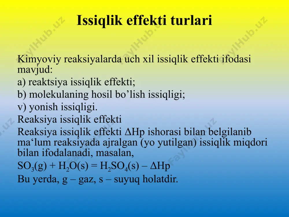 ama orqali topish mumkin: (1) bunda - protsess issiqlik effekti; к - kalorimetr doimiysi; - harorat o‘zgarishi. ma‘nosi jihatidan kalorimetr doimiysi k kalorimetr issiqlik sig‘imi bo‘lib, miqdori jihatidan kalorimetr barcha qismlari haroratini bir daraja ko‘tarish uchun sarf bo‘ladigan issiqlik miqdorini ko‘rsatadi. kalorimetr doimiysini, asosan, ikki uslub: amaliy uslub va nazariy uslub orqali aniqlash mumkin. kalorimetrik sistemaning issiqlik sig’imini aniqlash kalorimetrik sistemaning issiqlik sig’imini kalorimetrik suyuqlik va u bilan tutashgan kalorimetrning barcha qismlari (stakan, aralashtirgich, termometr, modda) yig’indisi sifatida (1) tenglamadan hisoblanadi. termometrning issiqlik sig’imi uning kalorimetrik suyuqlikka tushirilgan qismi egallagan hajmni shisha va simobning o’rtacha hajmiy issiqlik sig’imiga ko’paytirish orqali hisoblanadi: 1,925 j/sм3к. termometrning suyuqlikka botirilgan hajmini o’lchov silindrida aniqlab olinadi. qo’llanilayotgan materiallarning solishtirma issiqlik sig’imlarini darslikdan qarang. olingan natijalar tahlili ushbu tajribaning asosiy maqsadi turli tuzlarning erish, gidratlanish va neytrallanish jarayonlarida ajraladigan yoki soriladigan issiqlik miqdorini aniqlash, shuningdek, kalorimetr asbobining yordamida bu jarayonlarning issiqlik effektlarini olchash boldi. tajribaviy ishlar …