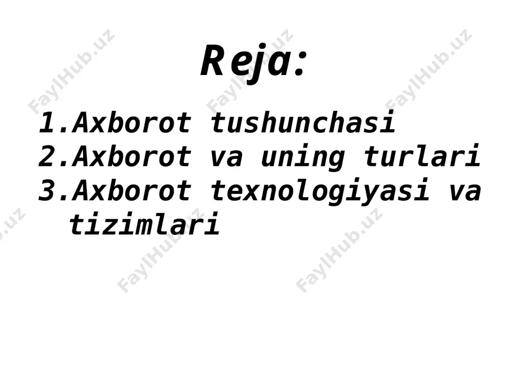 aklining turli ko`rinishda bo`lishiga olib keladi: belgili – turli ishoraviy belgilardan iborat axborotlar. matnli – harf, raqam va belgilar to`plamidan iborat axborot grafik – tasvirlardan iborat bo`lgan tasavvur ko’rinishidagi. shuningdek, og`zaki, yozma, bosma, jadval va boshqalar. ахborot va uning turlari belgili маtnli gragik axborotdan foydalanish imkoniyati va samaradorligi uning reprezentativligi, mazmundorligi, yetarliligi, aktualligi, o’z vaqtidaligi, anikdigi, ishonarliligi, barqarorligi kabi asosiy iste’mol sifat ko’rsatkichlari bilan bog’liqdir: a) axborotning reprezentativligi — obyekt xususiyatini adekvat ifoda etish maqsadlarida uni to’g’ri tanlash va shakllantirish bilan bog’likdir. b) axborotning mazmundorligi — semantik (mazmuniy) hajmini ifoda etadi. v) axborotning yetarliligi (to’laligi) — qaror qabul qilish uchun minimal, lekin yetarli tarkibga (ko’rsatkichlar jamlamasiga) ega ekanligini bildiradi. to’g’ri qaror qabul qilish uchun to’liq bo’lmagan, ya’ni yetarli bo’lmagan, xuddi shuningdek, ortiqcha bo’lgan axborot ham foydalanuvchining qabul qilgan qarorlari samaradorligini kamaytiradi. g) axborotning aktualligi (dolzarbligi) — axborotdan foydalanish vaqtida uning boshqarish uchun qimmatliligi sakdanib qolishi bilan belgilanadi va uning xususiyatlari …