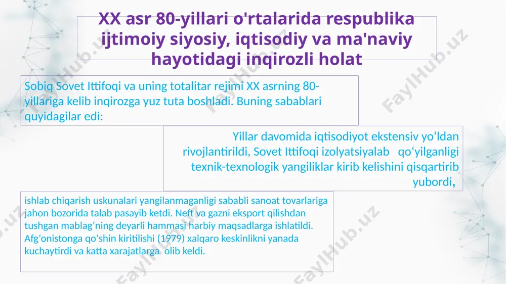 daniyati, qadr – qimmatini paymol etadi. o’zbekiston ssr kp mq, respublika ministrlar soveti, o’zbekiston ssr jliy soveti, o’zbekiston ssr prokuraturasi, o’zbekiston ssr iib kabi muhim boshqaruv bo’g’nlari shunday kadrlarning qo’liga o’tadi. ular respublikadagi ijtimoiy – siyosiy vaziyatni yanada keskinlashtirib yuboradi. natijada, “o’zbekiston tergov usullari o’tkaziladigan “maydon”ga aylanib qoladi. o’zbekistonda “o’zbeklar ishi” deb nomlangan qatag’onning boshlanishi "paxta ishi" moskva uchun o`zbek siyosiy kadrlarini tubdan o`zgartirish ishlarini amalga oshirish uchun dastak bo`ldi. paxta ishi korrupsiyaga qarshi kurashishdan ko`ra o`zbek milliy va partiyaviy rahbarlarini obrusizlantirish orqali o`zbek xalqi milliy ruhini zaiflashtirishga qaratildi. "paxta ishi" asta-sekin kengayib borib, o`zbekistonda 2600 kishi qamaldi. siyosiy va mafkuraviy zug‘umlarga qaramasdan ijtimoiy ong o‘zgara boshladi. ziyoliylar va omaviy aхborot vositalari faolligi tufayli o‘tmish va hozirgi zamon muammolari to‘g‘risida munozaralar, turli qarashlar, nuqtai nazarlar bildiriladigan bo‘lib bordi. norasmiy guruhlar va tashkilotlar paydo bo‘la boshladi. 1989 yilda tashkil topgan “birlik” xalq harakati respublikadagi dastlabki norasmiy harakat edi. shuningdek, “o‘zbekiston erkin …