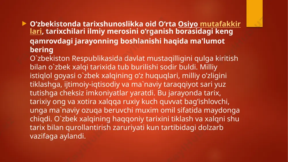li olim, akademik ibrohim mo’minovning kuchli tazyiqlarga duchor bo’lganligi yaqqol misol bo’la oladi. tarixiy voqealar jamiyat a‘zolarining bir qismi kambag’allar va yo’qsillarni himoya qilgan holda, ularning manfaatiga bo`ysindirilgan holda yoritildi. din, diniy qadriyatlar qoralandi, insonlarning diniy e‘tiqodlari oyoqosti qilindi, ruhoniylar quvg’in ostiga olindi. buyuk olimlar, allomalar, ma‘rifatparvar shoiru - ulamolar, yozuvchilar ikkiga - materialistlar va idealistlarga bo`lindi. ulardan u yoki bu dinga e‘tiqod qilganlari idealist deb ataldi va shuning uchungina ta‘qib etildi, ularning faoliyatini o`rganish ta‘qiqlandi, o`zlari taxqirlandilar, asarlari xalqdan yashirildi, yo`qotib yuborildi. oqibatda ko`pgina tarixiy voqea- hodisalar soxtalashtirildi, o`tmish qoralandi, ma‘naviy merosimiz, milliy qadriyatlarimiz haqoratlandi. yosh avlodga ularni jirkanch illat, xurofot, eskilik sarqitlari, deb o`rgatildi. tarix faqat jangu-jadal, urushlardan iboratdek qilib ko`rsatildi. xalqimiz tarixining bu qadar soxtalashtirilishiga faqat marksistik metodologiyaning yaroqsizligini aybdor deyish kifoya qilmaydi, albatta. bu borada mamlakatda hukmron bo`lgan totalitar tuzumning salbiy roli katta bo‘ldi. tarix esa totalitar tuzum xizmatchilariga, targ’ibotchi va himoyachisiga, kommunistik mafkura dumiga aylantirilgan …
