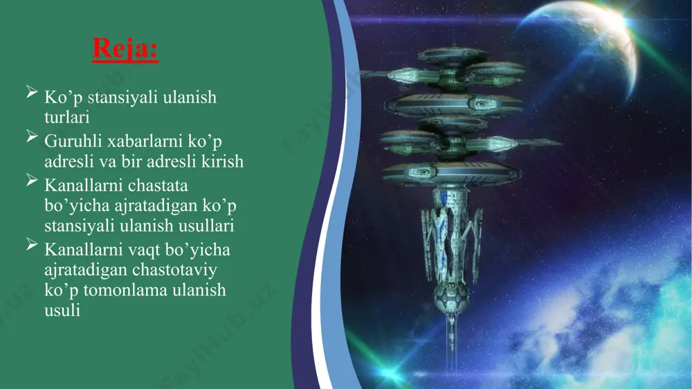signallar jamlanmasi yuboriladi.bu madulyatsiyalash usullariga quidagilar kiradi chastotaviy madulyatsiya kvadraturali nisbiy fazali manipulyatsiya bu usullarning yana bir avzalligi har bir signallar orasiga malum bir interval qoldiradi. odatdagi chastota ajratish gorizantal palasa : palasa kengligi 500 mhz signal oraliq intervali 4mhz signal uchun ajratilgan palasa 36 mhz vertikal palasa doimo juft signallarni uzatish uchun ishlatiladi kanallarni chastota bo’yicha ajratishning kamchiliklari bunga asosiy sabab retraslyatorda malumotni uzatib qabul qilishga halaqit beruvchi ko’p stansiyali ulanishda foydalaniladigan nochiziqli qurulmalar hisoblaniladi uzatish xarakteristikasing nochiziqliligi amplatudaviy modulyatsiyani chastotaga o’tkazish tufayli turli sathli siggnallarni o’zaro tasiri.kuchli signalning kuchsiz signalni max so’ndirishi 6db. kanallarni vaqt bo’yicha ajratadigan chastotaviy ko’p tomonlama ulanish kanallarni vaqt bo’yicha ajtatishda asosan slotlarga o’xshagan paketlarga ajratilib chiqliladi va unda har bir paket nimaga tegishliligi belgilab ketiladi.bu usul kanallar chastota boʼyicha ajratiladigan koʼp stantsiyali ulanishga xos boʼlgan koʼplab kamchiliklarda xoli boʼlib, unda yer usti uzatkichlarining quvvatini rostlash talab qilinmaydi, chunki oʼzaro soʼndirish mavjud emas, retranslyatorning …