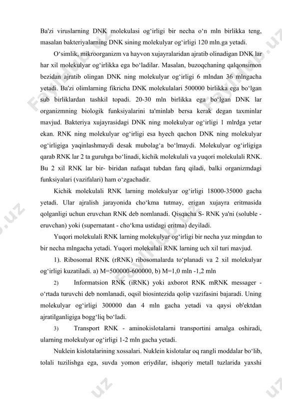 sha nurlarini yutishi ortadi. bu holatni giperxrom effekti deb nomlanadi. nuklein kislotalarning «erishi» jarayonida purin va pirimidin azot asoslari o‘rtasidagi vodorod bogg‘lari uziladi. natijada qisman tartibli molekulalar tartibsiz holga o‘tadi. ammo sovutilganda strukturasini qayta tiklanishi kuzatiladi. albatta qattiq qizdirilsa qaytmas reaksiya ro‘y berib, nuklein kislotalari denaturatsiyaga uchraydilar, ya'ni strukturasi buzilib, biologik kimyoviy va fizik xossalarini namoyon qila olmaydilar. kimyoviy munosabatda nuklein kislotalar umuman inert bo‘lsa ham ular metallarning ko‘p valentli ionlarini bo‘lash xususiyatiga egadirlar. masalan, si++ va md ++ ionlari dnk bilan erimaydigan kompleks hosil qiladilar. yana nuklein kislotalar poliaminlar bilan oson reaksiyaga kirishadilar. poliaminlar nuklein kislotalarini uchlamchi strukturasini tiklashda ishtirok etadilar. dezaminlanish reaksiyalarida adenin va sitozinlarning ahamiyati beqiyosdir. aminlanish va dezaminlanish reaksiyalari asosida kimyoviy mutagenez ya'ni irsiy belgilarni o‘zgartirish imkonini beradi. 4. nuklein kislotalarning tuzilishi nuklein kislotalarning tuzilishini izohlash uchun nukleoproteidlar strukturasini eslash shart bo‘ladi. nuklein kislotalar dnk va rnk turiga qarab dezoksinukleoproteidlar (drnp) va ribonukleoprotendlar (rnp) ga ajratiladi. …