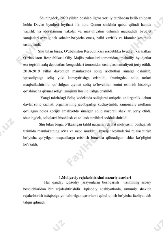 ko‘rinishda, moliyaviy rejalashtirish deyilganda moliyaviy rejalarni tuzish va amalga oshirish jarayoni nazarda tutiladi. moliyaviy rejani, huddi uni ishlab chiqish, yaratish yoki tuzish jarayoni kabi moliyaviy ko‘rsatkichlarni ijodiy tahlil qilish, umumlashtirish va o‘zaro bog‘lash tizimi sifatida qarash kerak. amaliyotda tez-tez foydalaniladigan rejalashtirish ma’lumotlarini, masalan, korxona faoliyatining shakliy modelini ishlab chiqish va shu asosda moliyaviy ko‘rsatkichlarning rejali tizimini aniqlashni, moliyaviy rejalashtirishning ishchi sxemasi sifatida qarash mumkin. shuni nazarda tutish kerakki, moliyaviy rejalashtirish jarayonida u yoki bu subyekt faoliyat ko‘rsatishi moliyaviy ta’minlanishining hayotchanligini oshiruvchi noshakliy omillar inobatga olinishi kerak. “moliyaviy rejalashtirish” tushunchasi o‘z ichiga quyidagilarni oladi: · taraqqiyotning asosiy tendensiyalarini aniqlash va moliyaviy · tahlil qilish; · jalb qilingan mablag‘lar va vaqtincha bo‘sh turgan mablag‘larni joylashtirish menejmenti; · firma ichidagi moliyaviy natijalar va pullarni rejalashtirish, hisobga olish va nazorat qilish texnologiyasi; · investision menejment; · kapitallar menejmenti; · faoliyatning boshqa ko‘rinishlari (trast, faktoring, lizing va boshqalar). bozor munosabatlariga o‘tilganiga qadar moliyaviy rejalashtirishning mazmuni …