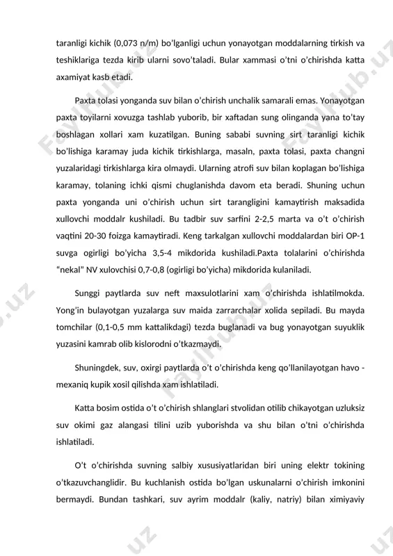 hanglidir. bu kuchlanish ostida bo’lgan uskunalarni o’chirish imkonini bermaydi. bundan tashkari, suv ayrim moddalr (kaliy, natriy) bilan ximiyaviy reaksiyaga krishib parchalanadi. parchalanish natijasida ajralib chiqadigan vodorod portlashi mumkin, kislorod esa yonishni kuchaytiradi. shuningdek, suv bilan kalsiy karbidini xam o’chirib bo’lmaydi, chunki unga suv tekkanda yonuvchi gaz - atsetilen ajralib chiqadi. k a r b o n a t a n g i d r i d g a z i. bu gazni yong’in chiqqan zonaga yunaltirish natijasida u yerdagi havoning tarkibida kislorod mikdorini kamaytirish orqali yong’inni o’chirishga karatilgan. bu gaz yonmaydi. agar havodagi kislorod mikdorini 15 foizgacha tushirishga eshirilsa, yong’in mavjud bo’lish imkoni yukoladi. karbonat angidrid gazi yong’in uchogiga gaz xolatida, hamda suyo’tirilgan karbonat angidridli o’t o’chirgich xolatida berilishi mumkin. suyo’ltirilgan karbonat angidridli o’t o’chirgichda u havo bilan reaksiyaga kirishib minus 700s xaroratli korsimon modda xosil kiladi, bu yonayotgan buyumlar yuzasini yaxshi sovo’tadi. i n ye r t g a …