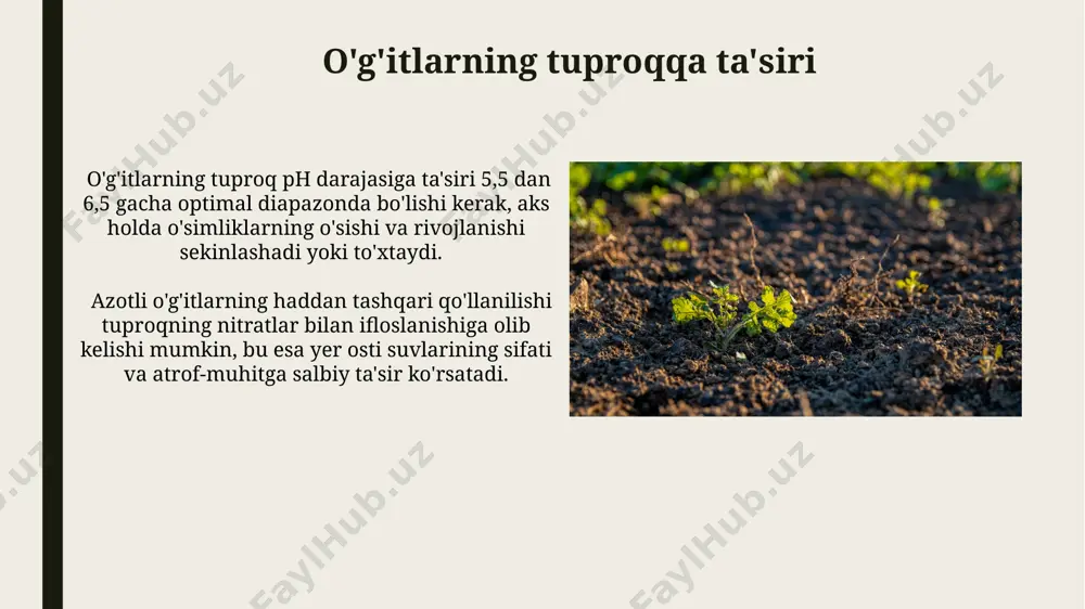 aydi, atrof-muhitga zarar yetkazib, suv va havo ifloslanishiga sabab bo'ladi. an'anaviy o'g'itlar, masalan, ammiakli selitra va superfosfat, tuproqning kislotaliligini 5-6 ph ga yetkazib, tuproq unumdorligini pasaytiradi va mikroorganizmlar faoliyatini susaytiradi. o'g'itlarning samaradorligini oshirish usullari suv yaxshi singadigan tuproqlarda tomchilab sug'orish texnologiyasini qo'llash orqali o'g'itlarning 30% gacha samaradorligini oshirish mumkin, chunki bu usul o'g'itlarning yo'qotilishini oldini oladi. o'g'itlarning samaradorligini oshirishda, tuproq tahlillari natijalariga asoslanib, 15-20% gacha o'g'it miqdorini optimallashtirish mumkin, bu esa iqtisodiy foyda keltiradi va atrof-muhitga bo'lgan ta'sirni kamaytiradi. o'g'itlarning kelajagi: istiqbollar o'g'itlarning samaradorligini 15-20% ga oshiruvchi bioo'g'itlarning yangi turlari, mikroorganizmlar va fermentlarning o'zaro ta'sirini kuchaytirish orqali ishlab chiqarilmoqda. kimyoviy o'g'itlarga nisbatan 30% kamroq energiya sarfini ta'minlaydigan, co2 emissiyasini kamaytiruvchi, yangi sintez usullari bilan ishlab chiqarilgan ekologik toza o'g'itlar tadqiqotlarning markazida. o'g'itlarni tanlash mezonlari ekin turining o'ziga xos ozuqa elementiga bo'lgan ehtiyoji hamda uning vegetatsiya davri hisobga olinib, sekin yoki tez ta'sir etuvchi o'g'itlar tanlanadi, bu hosildorlikni 15-25% ga yaxshilaydi. …