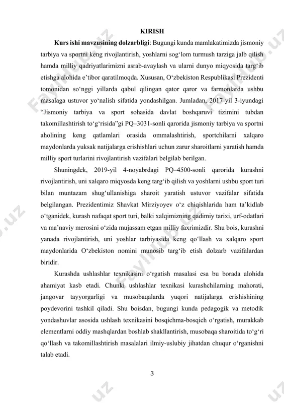 ari va ma’naviy merosini o‘zida mujassam etgan milliy faxrimizdir. shu bois, kurashni yanada rivojlantirish, uni yoshlar tarbiyasida keng qo‘llash va xalqaro sport maydonlarida o‘zbekiston nomini munosib targ‘ib etish dolzarb vazifalardan biridir. kurashda ushlashlar texnikasini o‘rgatish masalasi esa bu borada alohida ahamiyat kasb etadi. chunki ushlashlar texnikasi kurashchilarning mahorati, jangovar tayyorgarligi va musobaqalarda yuqori natijalarga erishishining poydevorini tashkil qiladi. shu boisdan, bugungi kunda pedagogik va metodik yondashuvlar asosida ushlash texnikasini bosqichma-bosqich o‘rgatish, murakkab elementlarni oddiy mashqlardan boshlab shakllantirish, musobaqa sharoitida to‘g‘ri qo‘llash va takomillashtirish masalalari ilmiy-uslubiy jihatdan chuqur o‘rganishni talab etadi. o‘zbekiston respublikasining 2022-yil 28-yanvarda qabul qilingan “2022–2026-yillarga mo‘ljallangan yangi o‘zbekistonning taraqqiyot strategiyasi”da ham yosh avlodni sog‘lom, jismonan baquvvat va vatanparvar qilib tarbiyalash masalasi davlat siyosatining ustuvor yo‘nalishlaridan biri sifatida qayd etilgan. bu esa kurash sportini rivojlantirish, ushlash texnikasini o‘rgatish metodikasini takomillashtirish va zamonaviy pedagogik yondashuvlar asosida jarayonni tashkil etishni yanada muhimlashtirmoqda. shu nuqtai nazardan, kurashda ushlashlar texnikasini o‘rgatish mavzusini o‘rganish, …