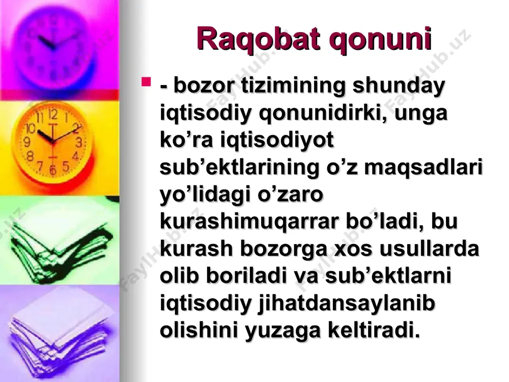jiddiy to’siq bo’ladi: 1. bu yerga kirib kelish uchun katta kapital egasi bo’lish kerak, bu esa ko’pchilikda bo’lmaydi. 2. tabiiy resurslar ayrim kompaniyalar qo’lida mulk sifatida to’planib qolganidan, ular o’zgalarga nasib etmaydi. 3. ilmiy texnikaviy yangiliklar ayrim kompaniyalar monopoliyasiga aylanib qoladi, shu sababli ulardan boshqalar foydalana olmaydi.masalan, avtomobil kompaniyalari o’z texnik yangiliklarini sir tutib boshqalarga bermaydi. duopoliya – ikki firma hukmronligi bo’lib, oligopoliyaning sodda ko’rinishidir. hamkorlik zarurati ikki firmani bitimga kelib kartel hosil etishini bildiradi. bunda ikki tomondan har biri qancha tovar ishlab chiqarishi va necha puldan sotishini belgilab oladi. oligopolik bozorni uning quyidagi uchta xususiyati ajratib turadi: birinchidan, tarmoqda faoliyat ko’rsatayotgan firmalarning kamligi; ikkinchidan, tarmoqga kiruvchi firmalar uchun kuchli to’siqlarning mavjudligi; uchinchidan, oligopolik bozordagi firmalarning harakati bir-biriga bog’liqligi. sof monopoliya sharoitidagi raqobat ishlab chiqaruvchilar o’rtasida bo’lmaydi, balki ular resurs xaridori bo’lganda paydo bo’ladi. sof monopoliya degani, ishlab chiqarish va tovarlar taklifini yagona, ya’ni hech bir raqibi yo’q kompaniya qo’lida …