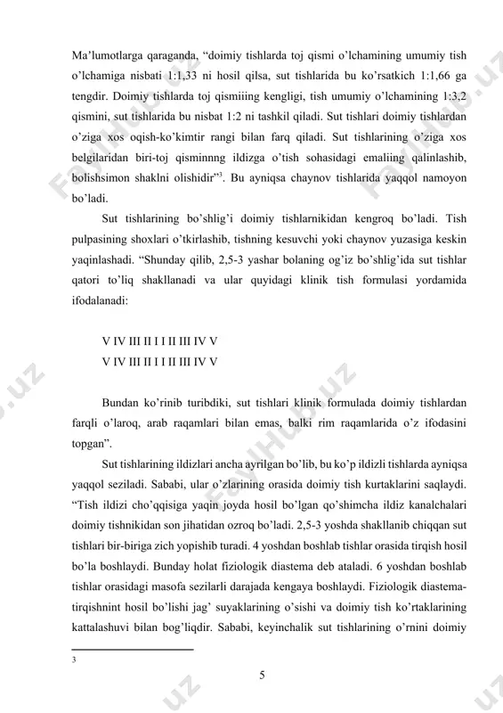 o’p hollarda yuqori jag’da yaqqol ko’rinadi”[footnoteref:4]. agar 6 yoshlik bolada fiziologik diastema kuzatilmasa, bu hol jag’-suyaklarining meʼyordagi o’sishi buzilganligidan darak beradi va o’sib chiqishi zarur bo’lgan doimiy tishlar uchun joy tanqisligini bildiradi. buni nazarda tutgan holda ortodontik tadbirlar qo’llab, diastema hosil qilinadi. jag’ suyaklari o’sishida faol chaynov jarayoni yaxshi yordam berishini shifokorlar bilishlari zaril. [4: ] yuqorida zikr etilgan o’zgarishlardan tashqari sut tishlarida doimiy tishlardagidek yemirilish jarayoni qayd etiladi. bu hol fiziologik jarayon bo’lib, 3 yoshdan boshlab kuzatiladi. sut tishlarining chaynov faoliyati davomida yemirilishi bolalarda chaynov aʼzolarining to’g’ri shakllanib rivojlanishini taʼminlaydi. to’liq chiqib shokllangan tishlar ovqat mahsulotlarini kesish, uzib olish, chaynab maydalash, aralashtirish kabi jarayonlardan tashqari, so’zlashish, yutinish, tovush o’zgartirish kabi vazifalarni bajaradi. tishlar anatomiyasi va gistologiyasi. tishlar inson hayotida muhim rol o’ynaydi. ular ovqatni mexanik maydalab berish bilan birgalikda(chaynash) tishlab, uzib olish, so’zlarni to’g’ri talaffuz etishda ham ishtirok etadi. shu bilan birga tishlar og’iz bo’shlig’i daxlizi bilan xususiy og’iz …