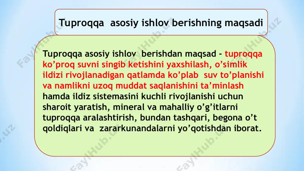 tuproqqa ishlov berish ushun pn-435 plugi kpg-2,2 chuqur-yumshatgich 2.plugning umumiy tuzilishi va asosiy korpusining turlari plugning asosiy qismlari va ularni rostlash o’lchamlari: 1-rama; 2-chimqirqar; 3- diskli pichoq 1-madaniy, 2-tezkor, 3-yarim vintli, 4-agdargichsiz, 5-kesilgan, 6-chuqur yumshatgichli, 7-suriladigan uchlikli, 8-diskli, 9-kobinatsiyalashgan pluglarning turlari pluglar: - vazifasiga qarab – umumiy ishlarni bajaradigan (oddiy, chimqirqarli, chuqurlatgichli, yarusli) va maxsus (botqoq, toshli, yangi ochilgan, erroziyaga uchraydigan yerlarni haydashda ishlatiladigan); - traktorga biriktirilishiga qarab - osma, tirkama va yarim osma; - korpuslar soniga qarab: - 1,2, 3 va h. korpusli turlarga bo’linadi osma plug pd-3-35 tirkama plug to’ntarma plug yаrim osma pya-3-30 pl-5-35 pno-3-30 bajaradigan ishiga karab pluglarning turlari ppn-5-35 umumiy ishlar uchun plug ppu-50a plantajli plug pkb-75 botqoq plugi kpg-2,2 chuqur-yumshatgich eroziyaga uchraydigan tuproqqa ishlov berish uchun pn-4-35 plugi pkg-5-40b toshli tuproqqa ishlov berish uchun plug tuproqning haydash samaradorligini oshirish yo’llari 1) bir yillik begona o’tlar kuchli bosadigan va yuqori darajada sho’rlangan maydonlarni ikki yarusli …