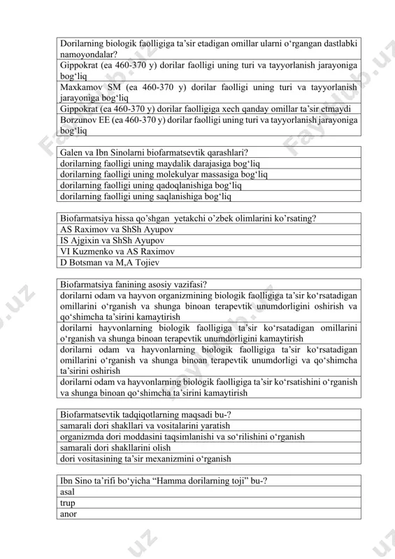 ixin va shsh ayupov vi kuzmenko va as raximov d botsman va m,a tojiev biofarmatsiya fanining asosiy vazifasi? dorilarni odam va hayvon organizmining biologik faolligiga ta’sir ko‘rsatadigan omillarini o‘rganish va shunga binoan terapevtik unumdorligini oshirish va qo‘shimcha ta’sirini kamaytirish dorilarni hayvonlarning biologik faolligiga ta’sir ko‘rsatadigan omillarini o‘rganish va shunga binoan terapevtik unumdorligini kamaytirish dorilarni odam va hayvonlarning biologik faolligiga ta’sir ko‘rsatadigan omillarini o‘rganish va shunga binoan terapevtik unumdorligi va qo‘shimcha ta’sirini oshirish dorilarni odam va hayvonlarning biologik faolligiga ta’sir ko‘rsatishini o‘rganish va shunga binoan qo‘shimcha ta’sirini kamaytirish biofarmatsevtik tadqiqotlarning maqsadi bu-? samarali dori shakllari va vositalarini yaratish organizmda dori moddasini taqsimlanishi va so‘rilishini o‘rganish samarali dori shakllarini olish dori vositasining ta’sir mexanizmini o‘rganish ibn sino ta’rifi bo‘yicha “hamma dorilarning toji” bu-? asal trup anor mum biofarmatsevtik tadqiqotlarni boshlashda siz qanday aniqlash usullarini o'zlashtirasiz? farmatsevtik omillarning dori moddalarning biosamaradorligiga va ajralib chiqishiga, so'rilishiga, tashilishiga, biotransformatsiyasiga ta'siri klinik sinov natijalari dori ishlab …