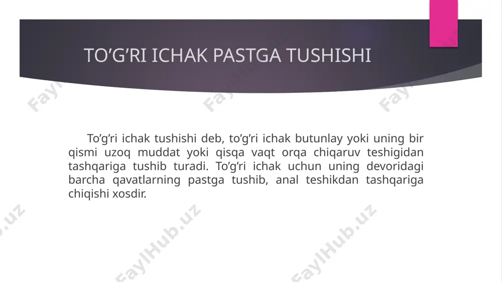 irqilgan tasma, erkin teri laxtaklari, rezina tasmalardan foydalanish taklif etilgan rektokoplastika operatsiyasi uchun chanoqdan cho’zilgan to’g’ri ichakni choklar yordamida dumg’azaga (oraliqqa) zerenin-kyummel bo’yicha osib va biriktirib qo’yish yoki qorin pardani kesgandan so’ng uning ustidan yonbosh fassiyasiga tikib qo’yish (lenorman bo’yicha) dan foydalaniladi zerenin-kyummel operatsiyasi delorma operatsiyasi e’tiboringiz uchun rahmat! image1.jpeg image2.jpg image3.emf image4.jpg /docprops/thumbnail.jpeg