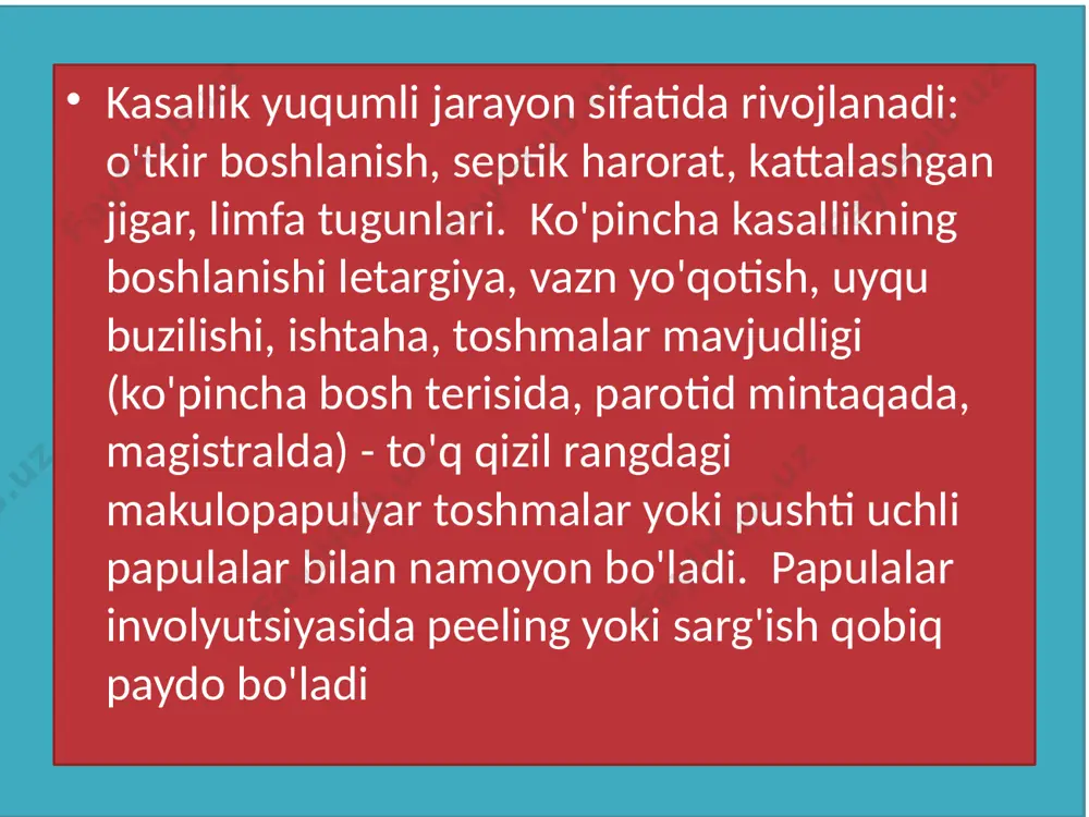 sitostatiklar, antibiotiklar, desensibilizatsiya qiluvchi terapiya .mahalliy terapiya tish plastinkasini olib tashlash, periodontal cho'ntaklarni yo'q qilish, tish chiqarish, ortopedik davolanishni o'z ichiga oladi. etiboringiz uchun raxmat /docprops/thumbnail.jpeg