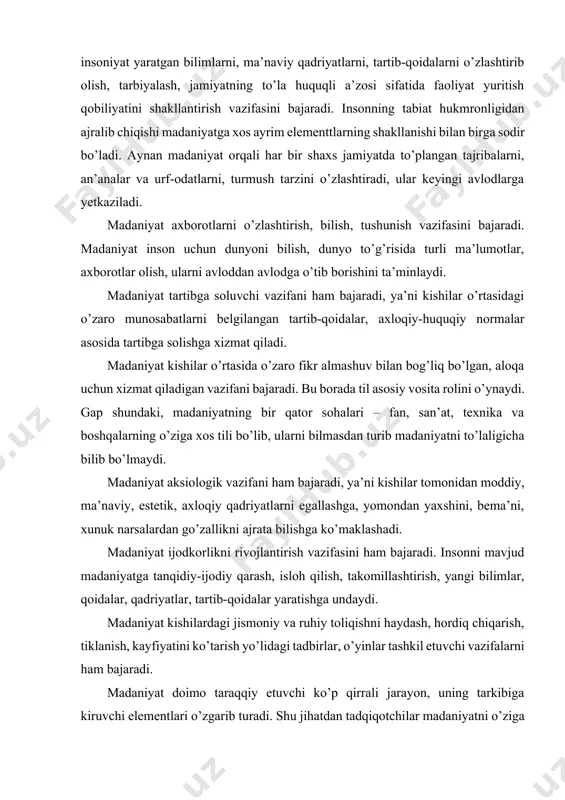 hordiq chiqarish, tiklanish, kayfiyatini ko’tarish yo’lidagi tadbirlar, o’yinlar tashkil etuvchi vazifalarni ham bajaradi. madaniyat doimo taraqqiy etuvchi ko’p qirrali jarayon, uning tarkibiga kiruvchi elementlari o’zgarib turadi. shu jihatdan tadqiqotchilar madaniyatni o’ziga xos belgilari, sifatiga qarab bir necha turlarga bo’ladilar. madaniyatga sivilizatsion nuqtai nazardan yondashuvchi mutaxassislar insoniyat bir necha sivilizatsiyalarni bosib o’tganligini ta’kidlaydi. madaniyatni tili, dini, an’analari, qadriyatlari, iqtisodiyoti yaqinligini inobatga olib, milliy, mintaqaviy, davriy jihatdan bir necha turlarga bo’lish keng tarqalgan. milliy madaniyatda diniy, axloqiy, badiiy, moddiy, geografik yaqinlik, umumiylik nazarda tutiladi. madaniyatni irqiy omilni nazarda tutgan holda bo’lish holatlari ham uchraydi. fransuz faylasufi j.gobino jamiyat, madaniyat, din, til to’laligicha irqiy jihatlar bilan bog’liq, madaniyat mavjud tabiiy sharoit bilan bog’liq deb tushuntiradi va yevropa madaniyatini negroid madaniyatdan eng yuqori, ustun darajada deb hisoblaydi. xx asrning ikkinchi yarmida ayrim mutaxassislar jamiyat va madaniyat sohasida yuz bergan o’zgarishlarni tushuntirish uchun ―kontkultura‖, ―subkultura‖ tushunchalarini qo’llay boshladilar. kontkultura deganda, hukmron madaniyatga qarshi nazariyalar, qadriyatlar, …