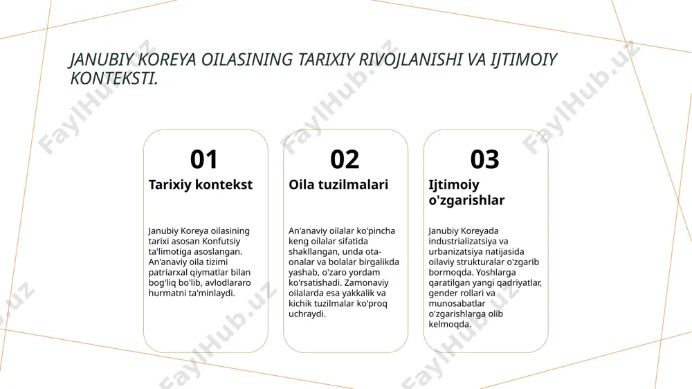 qadriyatlarni o'zgartirib, yangi oilaviy strukturalar va dinamikalarni shakllantirmoqda. zamonaviy oilaviy qadriyatlar: janubiy koreya jamiyatidagi yangi tendensiyalar. 01 zamonaviy qadriyatlar janubiy koreyada zamonaviy oilaviy qadriyatlar, individualizm va mustaqillikni oshirish orqali oilaviy aloqalarni yangilashga qaratilgan. bunda shaxsiy erkinliklar yuqori baholanadi. 02 oila tuzilmasidagi o'zgarishlar zamonaviy vaqtlarda oilalar ko'proq yakkaxon va kichik guruhlar sifatida shakllanmoqda. bu esa ko'plab yoshlar uchun yangi turmush tarzini ta'minlaydi. 03 gender tengligi janubiy koreyada gender rollari o'zgarib bormoqda, ayollar faoliyatda va oiladagi qaror qabul qilish jarayonlarida ko'proq ishtirok etmoqda, bu esa ijtimoiy dinamikani kengaytirmoqda. oila ichidagi rollar: an'anaviy va zamonaviy yondashuvlar. 01 an'anaviy rollar janubiy koreyada an'anaviy oilaviy rollar oila a'zolari o'rtasida qat'iy belgilangan. ota oilaning boshqaruvchisi, ona esa bolalar tarbiyasida muhim rol o'ynaydi. 02 zamonaviy o'zgarishlar zamonaviy jamiyatda oiladagi rollar sezilarli darajada o'zgarmoqda. ayollar ishga chiqmoqda, erkaklar esa uy ishlarida faol ishtirok etmoqda, bu esa gender tengligini oshiradi. 03 ijtimoiy ta'sir oila ichidagi rollar ijtimoiy, iqtisodiy va …